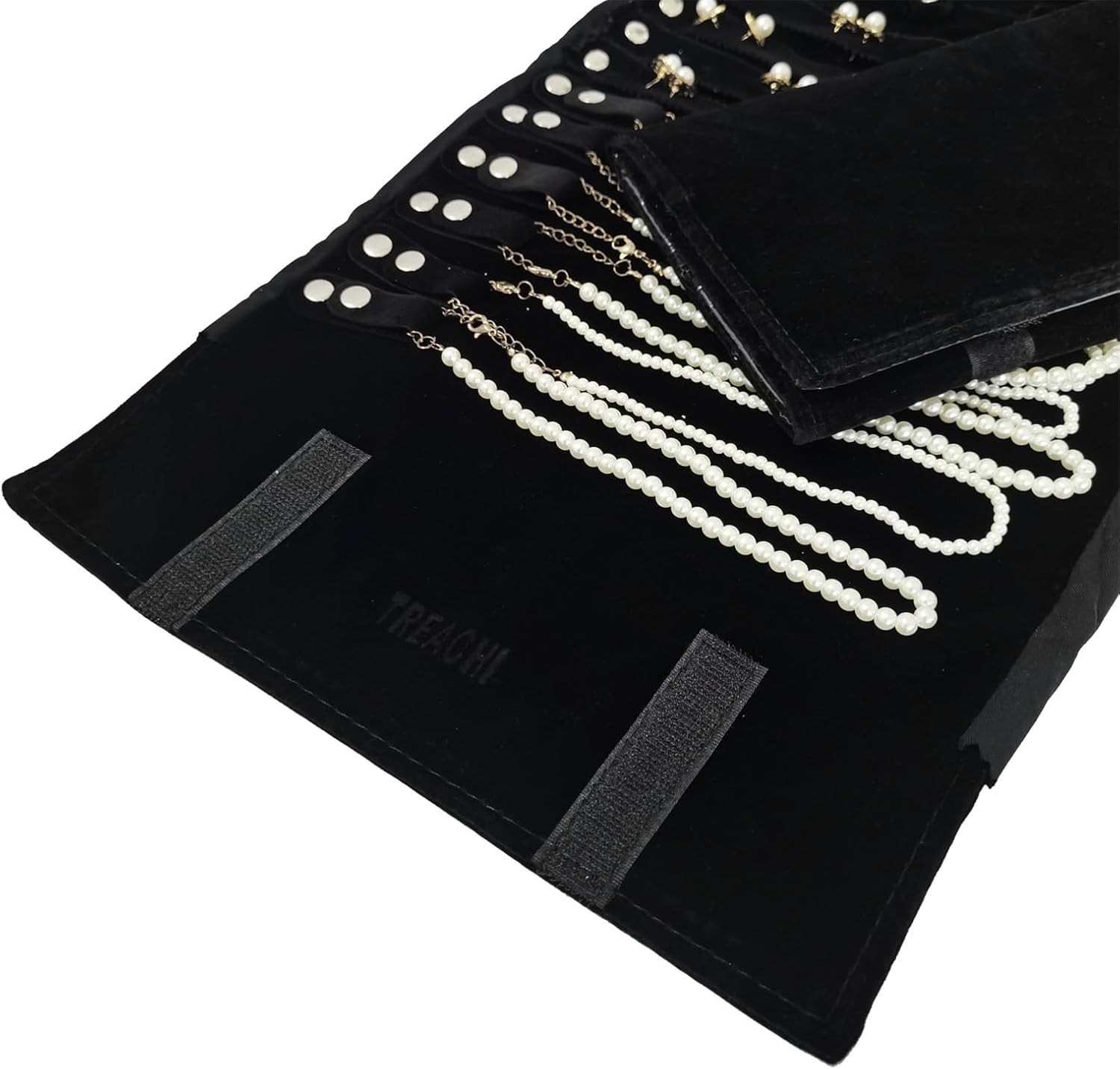 Portable Jewelry Organizer Roll Bag Black Velvet Adjustable Foldable Design