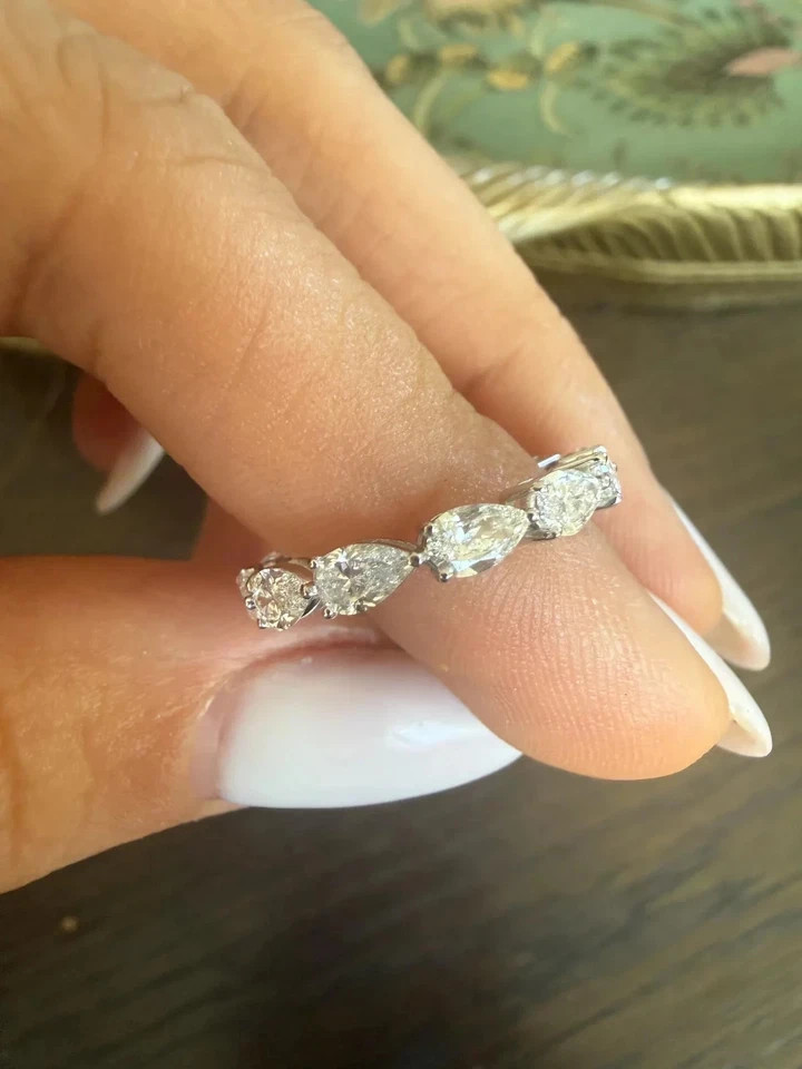 2.40Ct EAST-WEST PEAR-Cut Natural Diamond Full Eternity Band 14k White Gold 6 7