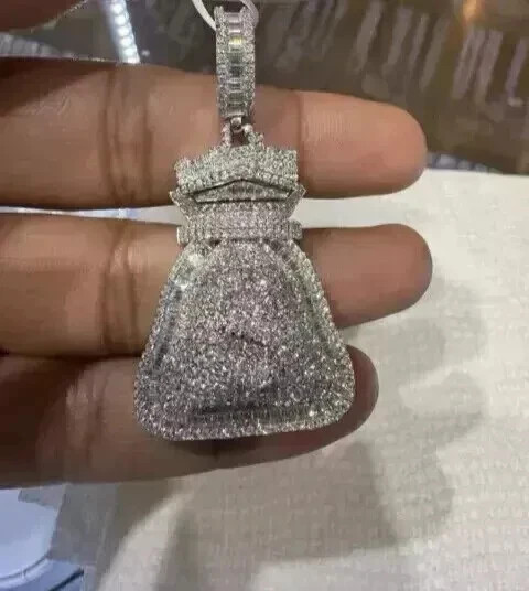2.40Ct Round Cut Real Moissanite Custom Money Bag Pendant 14K White Gold Plated