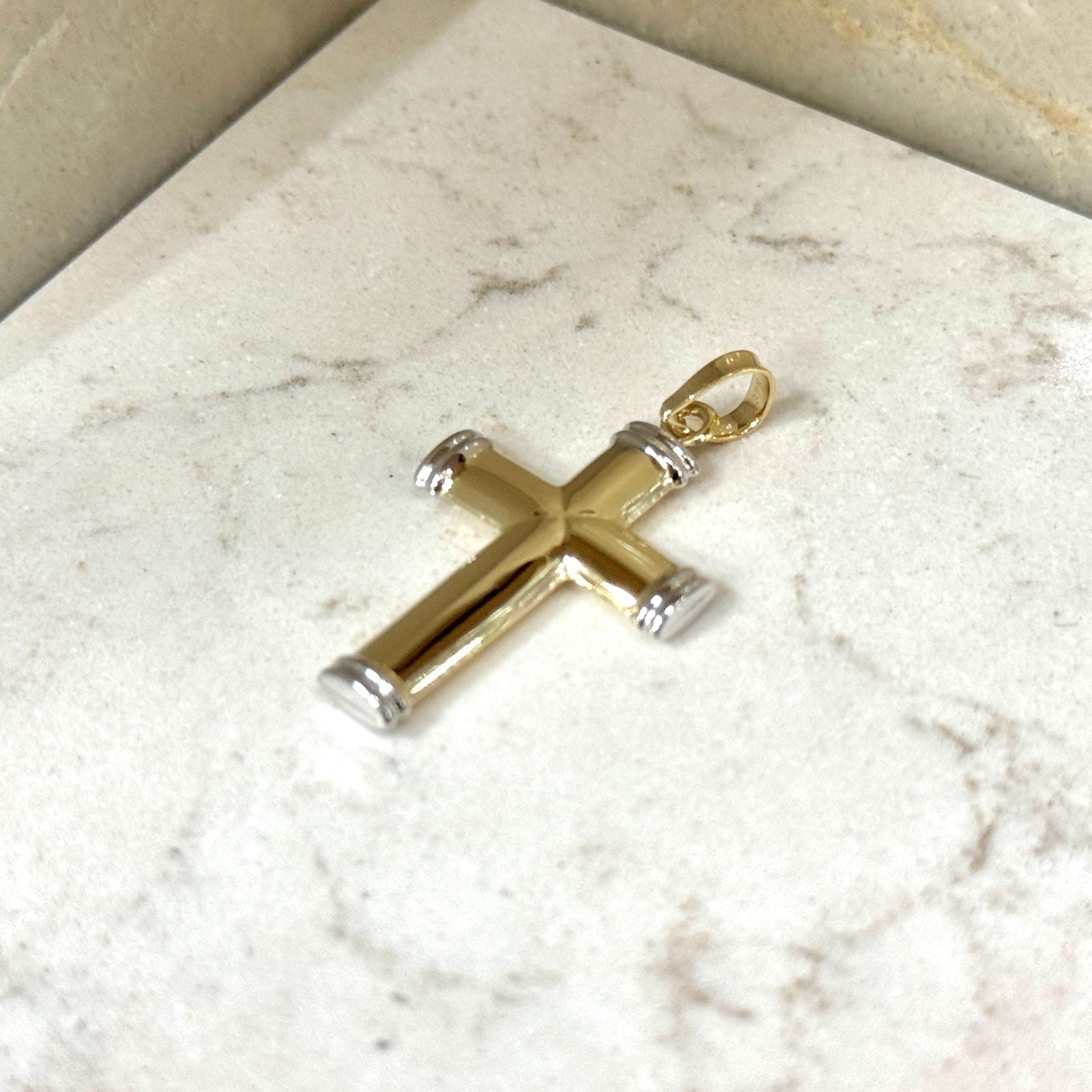 9ct Yellow and White Gold Hollow Tube Plain Cross Pendant Free Shipping