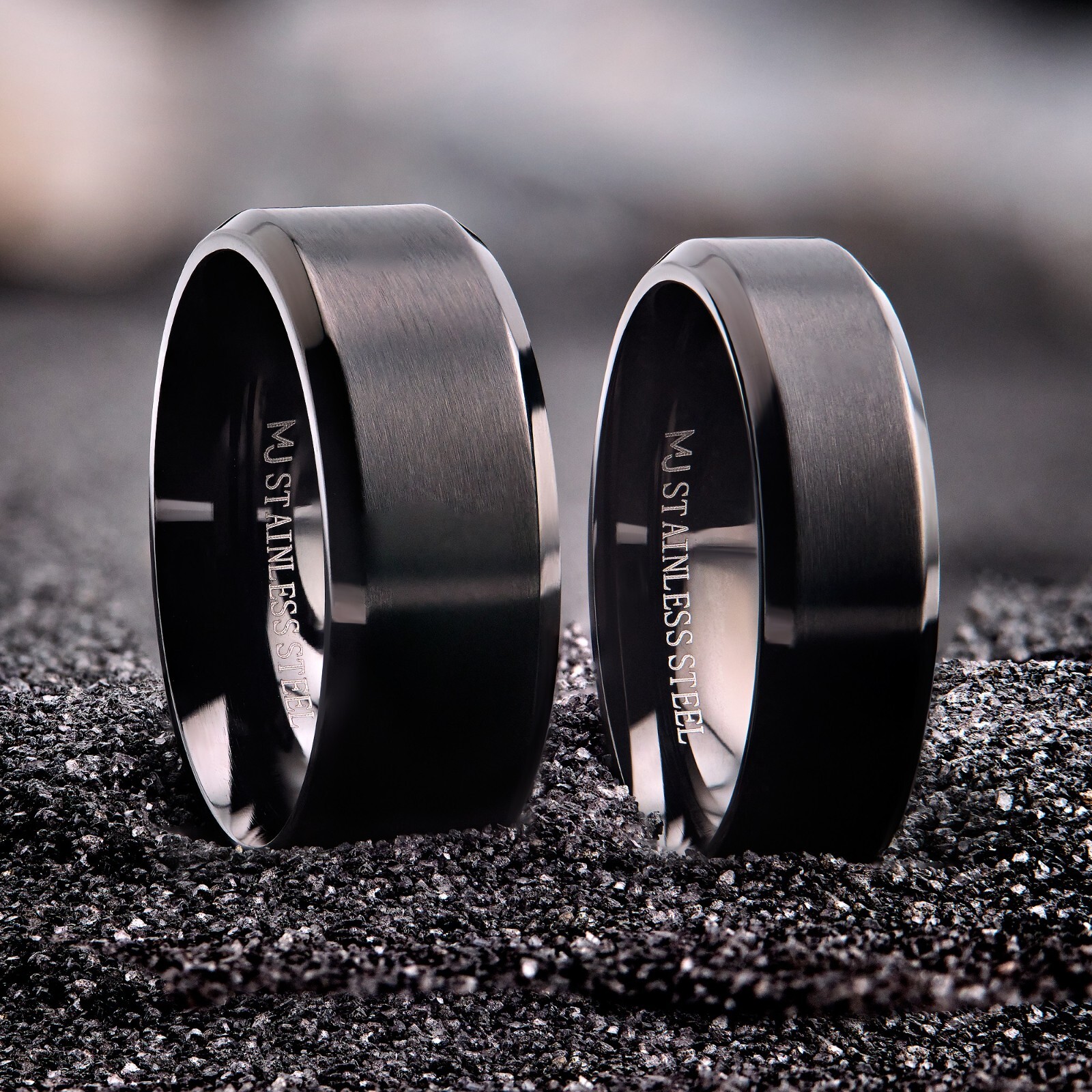 Black Plated Stainless Steel Brushed Beveled Edge or Center Groove 6 or 8mm Ring