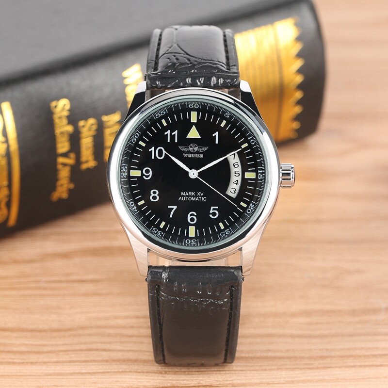 WINNER Men’s Automatic Mechanical Wrist Watch for Men Steel Case Leather Strap