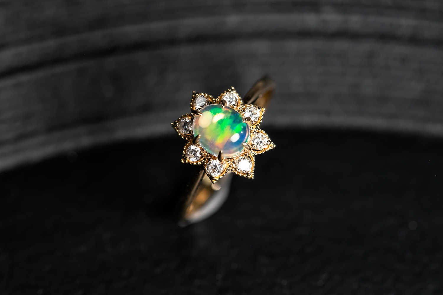 Sunflower Fire Opal Diamond Engagement Ring 14K Yellow Gold