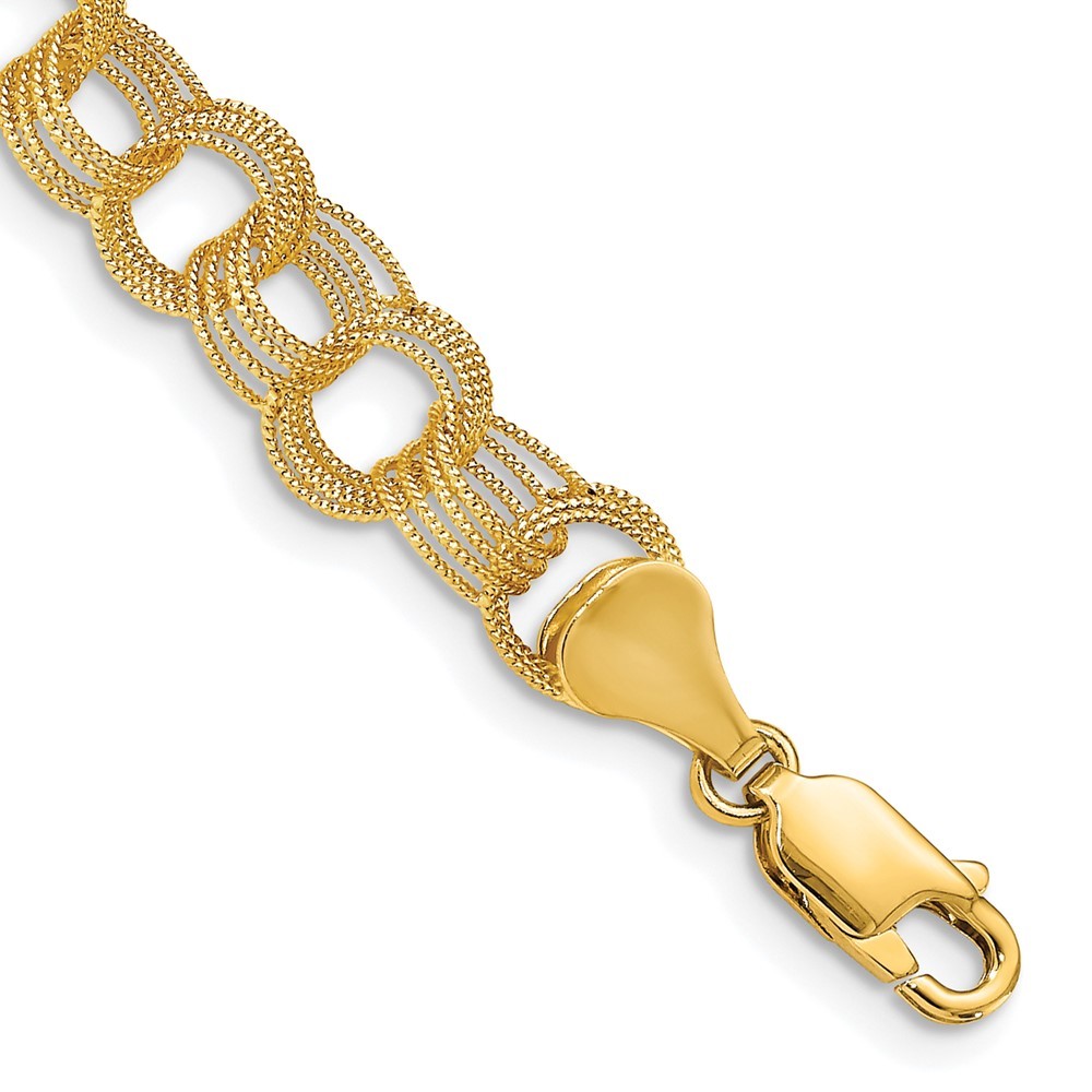 14k Yellow Gold 7mm Solid Textured Triple Link Charm Bracelet 8″
