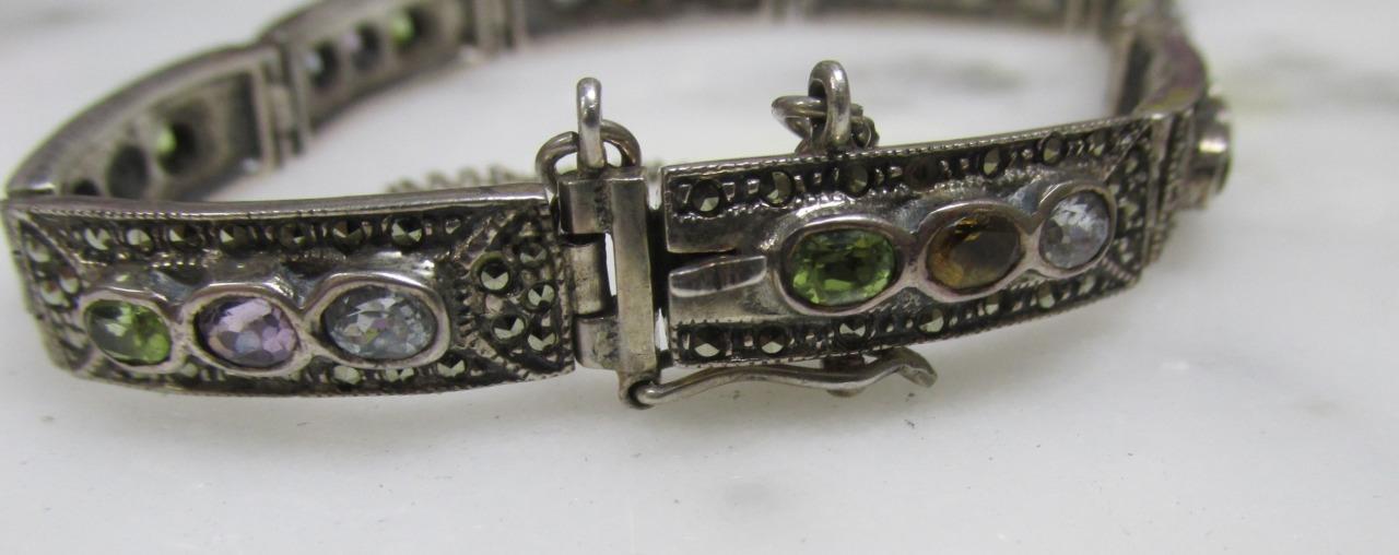 Sterling Silver Bracelet w/ Multicolored Stones & Marcasites ~ 23.7g ~ 6-A330