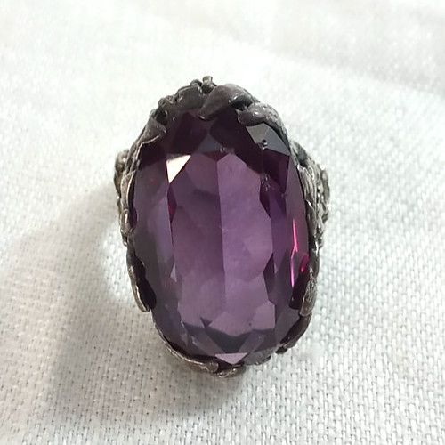 Vintage Cocktail Ring LOST WAX CAST Ornate Silver Faux Amethyst 10 FAIRYCORE