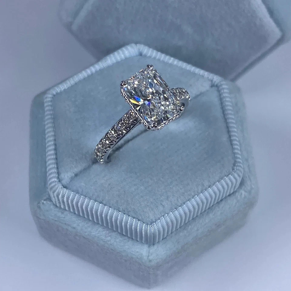 14k White Gold Radiant Diamond Wedding Ring 3 Carat Lab Grown IGI E F VVS CVD