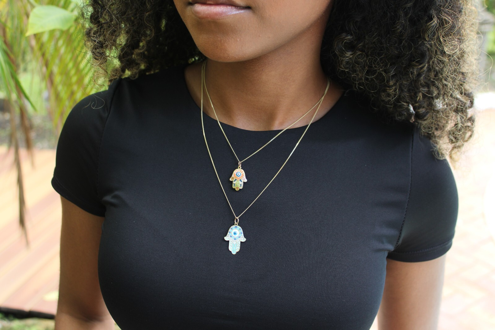 14K Solid Gold Pendant Necklace Chain Hand-Painted Evil Eye Inside Hamsa Hand