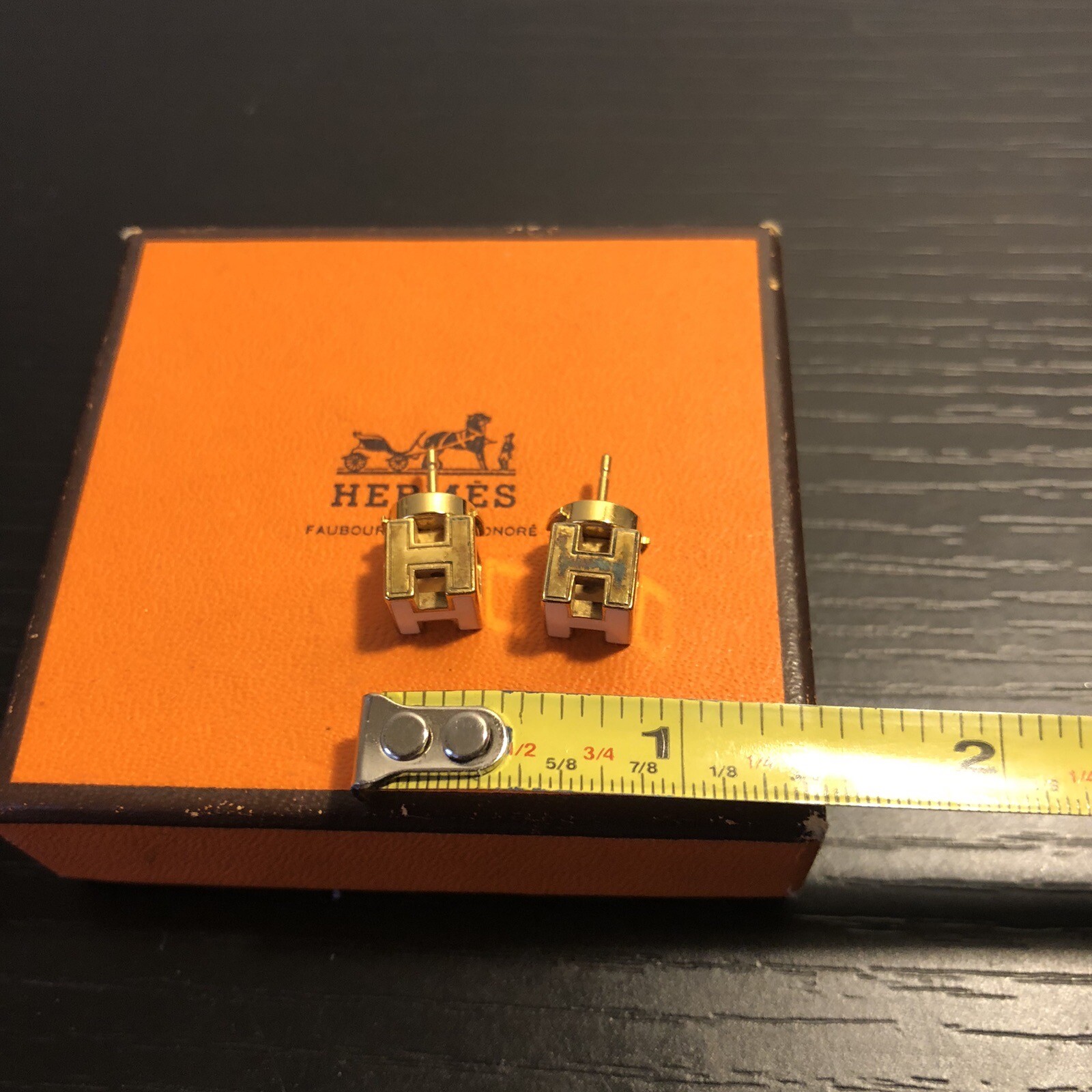 Hermes Stud Square Cube H Logo White Enamel Pierced Post Earrings Gold