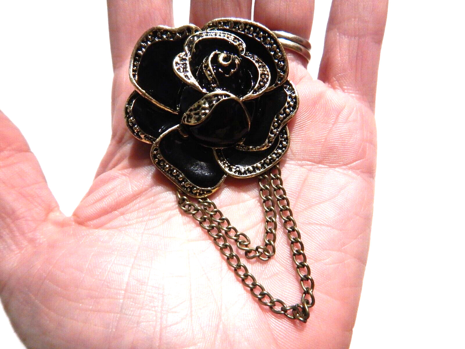 BLACK ROSE & CHAINS CHATELAINE BROOCH brass/gold flower pin gothic dark H2