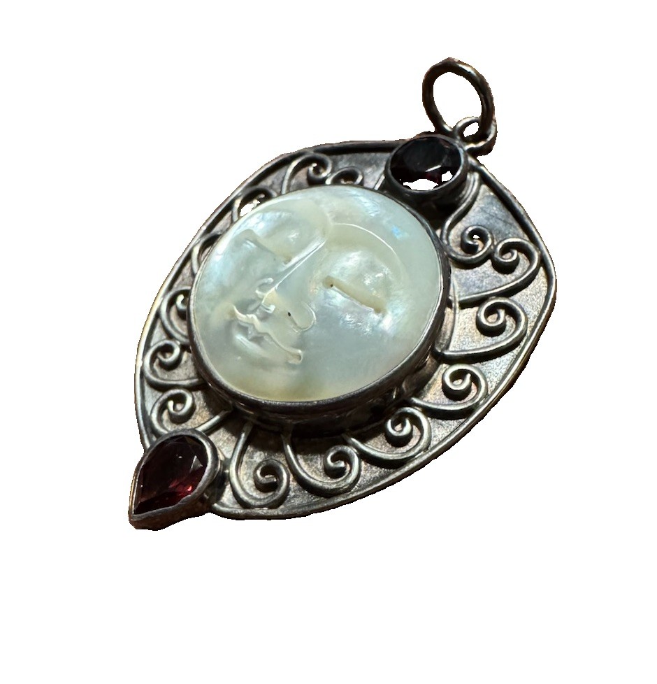 Vintage Sajen Sterling Silver Carved Man In The Moon Face Pendant Garnet 925