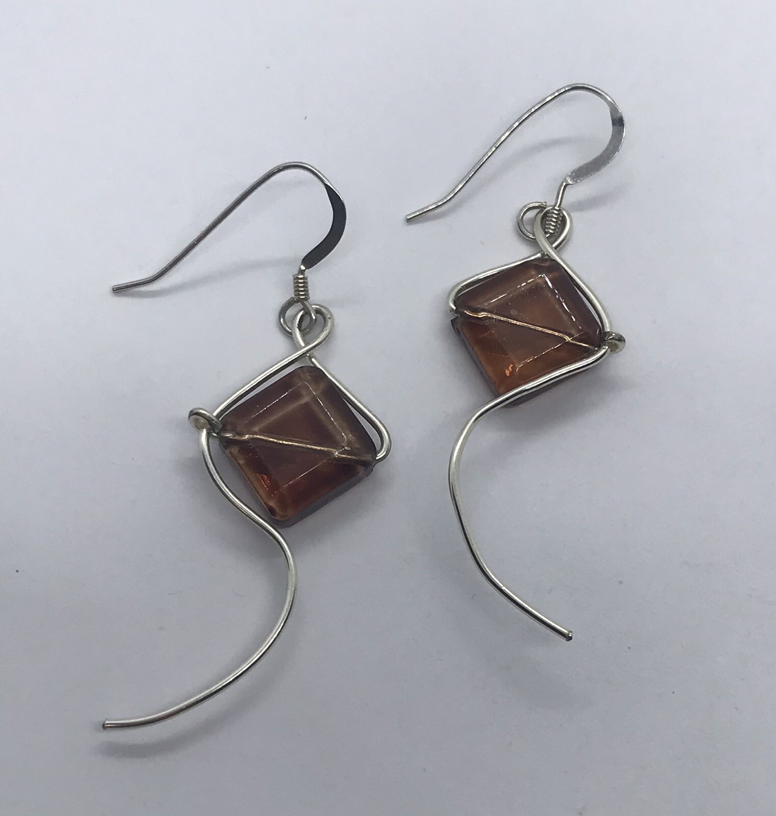 Sterling Silver 925 Rhombus Brown Glass & Wire Art earrings Kite Like