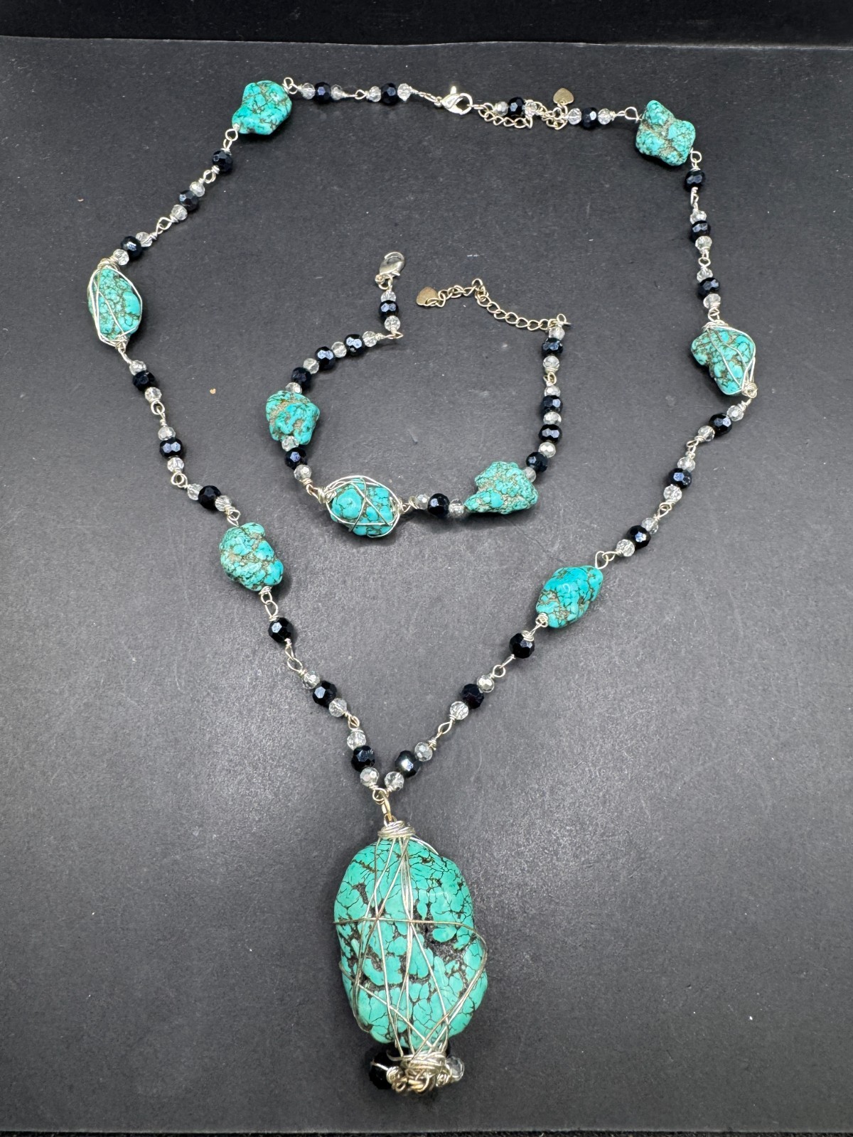 Vtg Handmade Turquoise Nugget & Crystal Necklace & Bracelet Jewelry Set