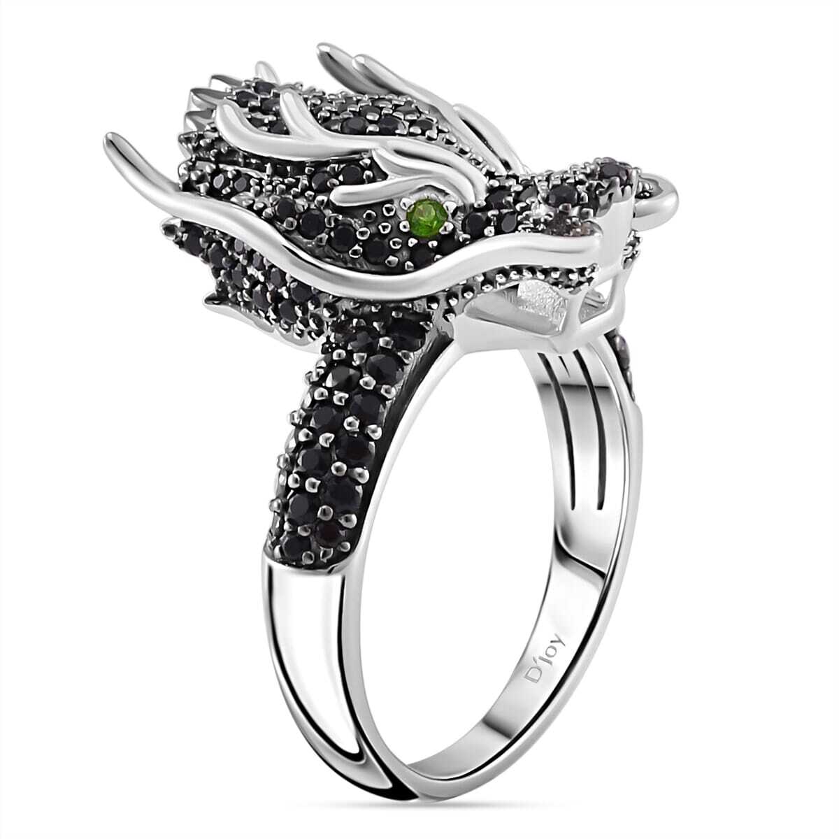 1.20ctw Black Spinel & Chrome Diopside Dragon Head Ring Rhodium Plated Size 7