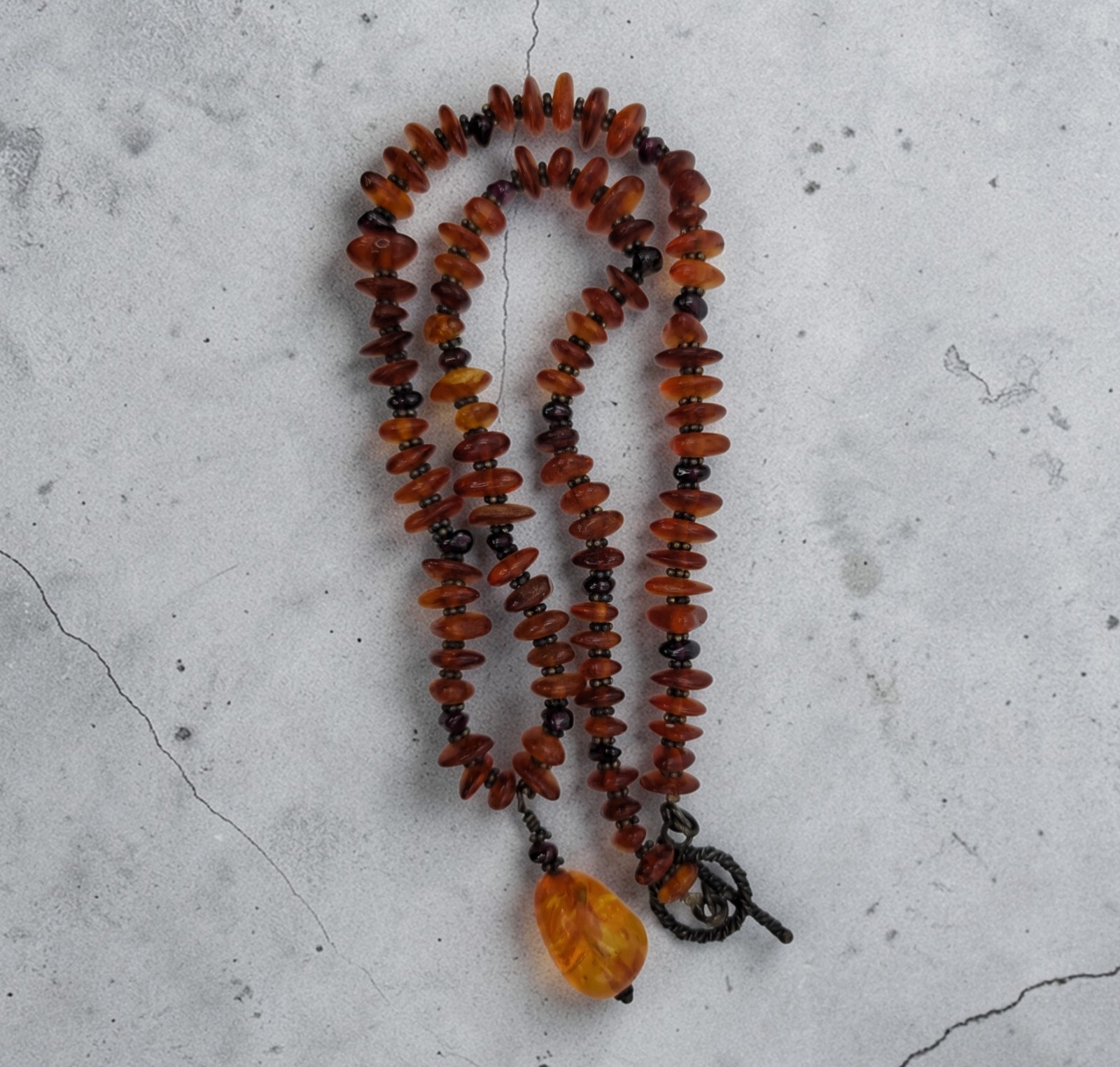 Genuine Amber Amethyst Sterling Silver Wire Wrapped Bead Necklace 19.25″ 28g