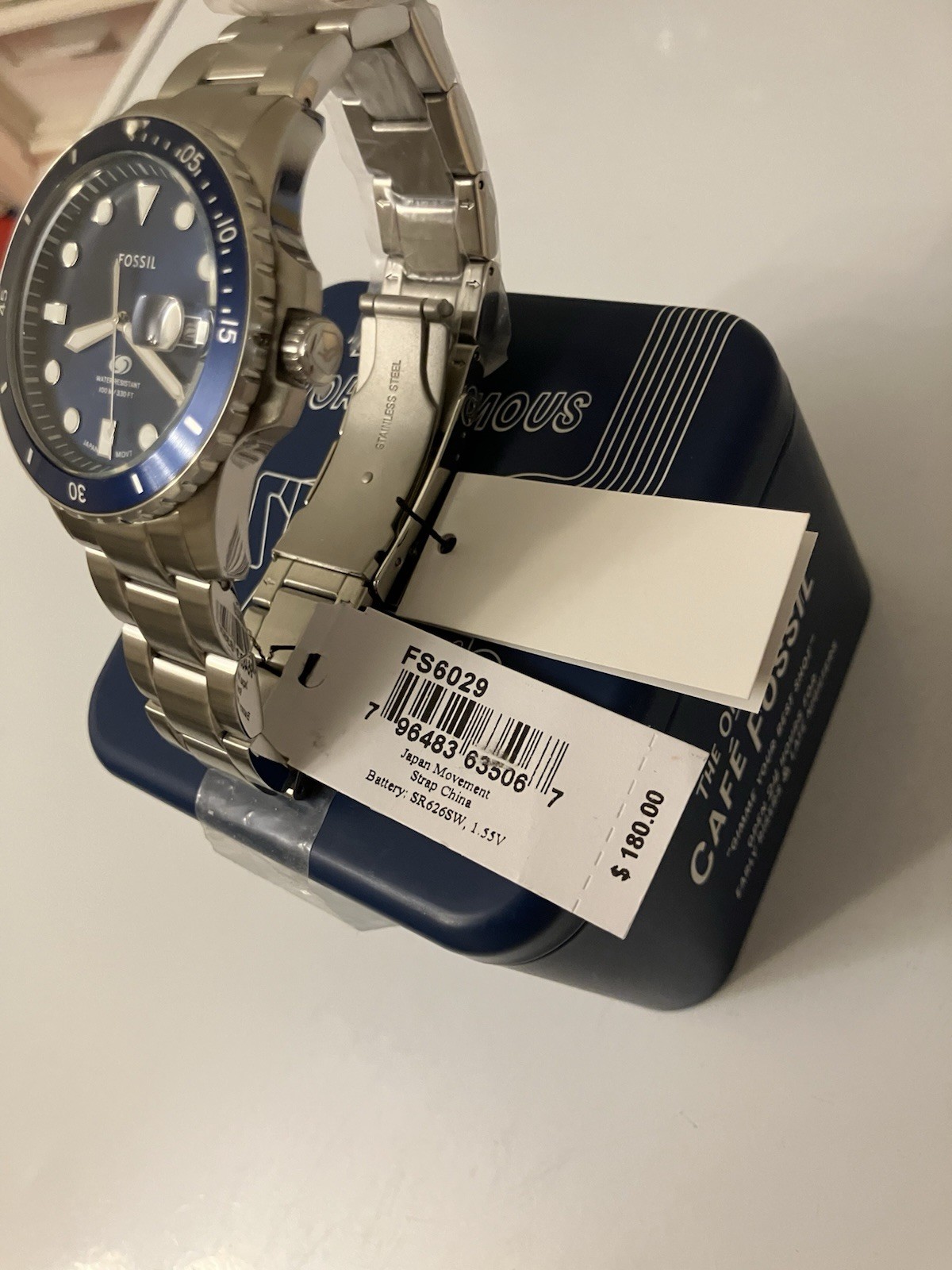 Fossil Blue Dive, Silver Stainless Steel Quartz Watch, Miyota 2115 Date, NIB