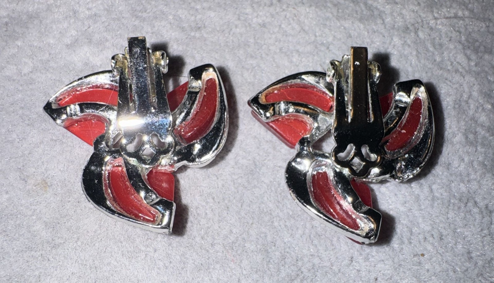Vintage Mid-Century Modern Silver Tone Red Thermoset Plastic Clip-On Earrings