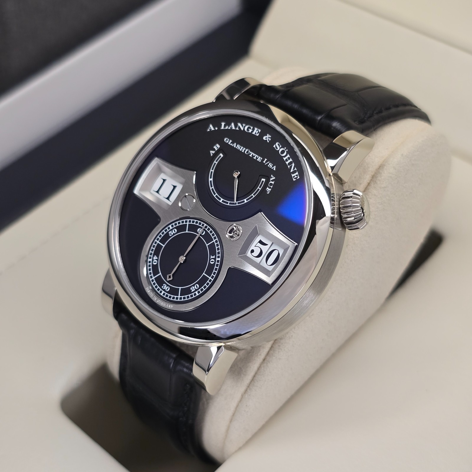 A. LANGE & SOHNE ZEITWERK 140.029 41.9MM 18K WHITE GOLD BLACK DIAL B&P