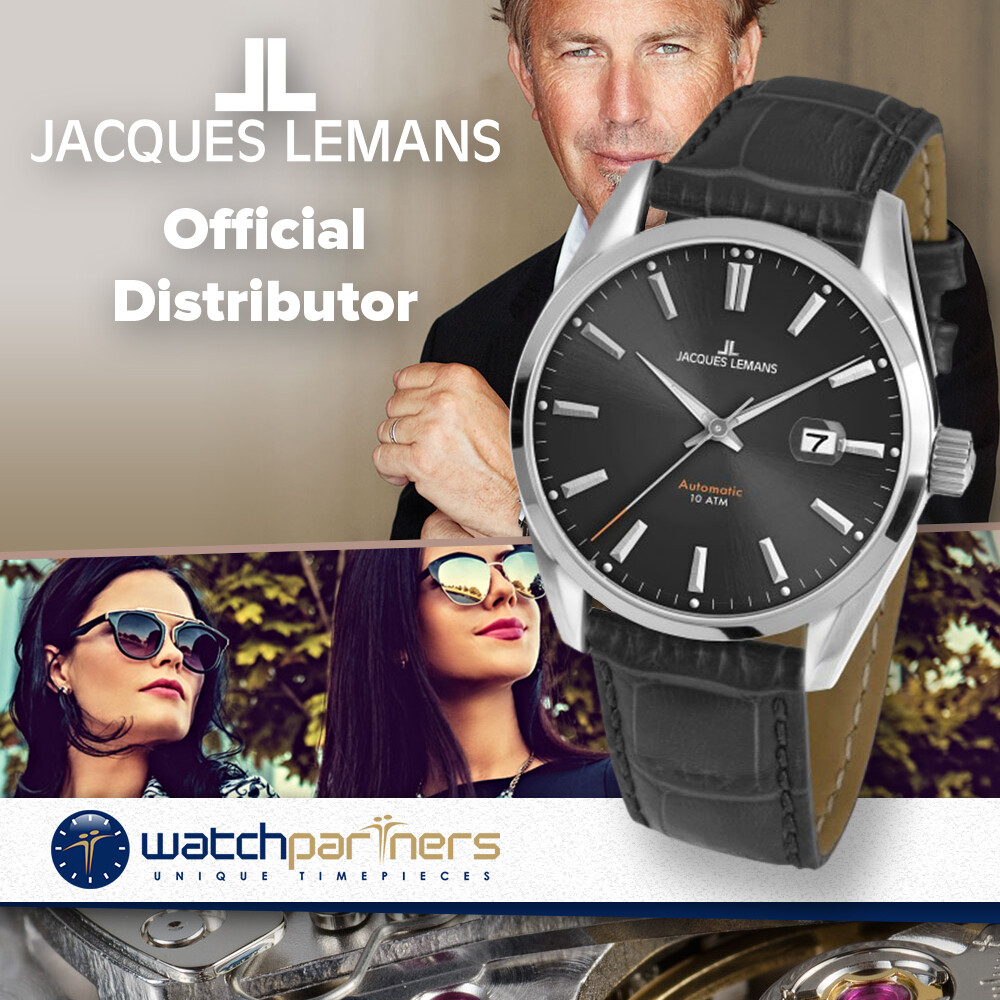 JACQUES LEMANS ‘Classic’ Automatic Date Watch 10ATM 42mm Case Black Strap & Dial