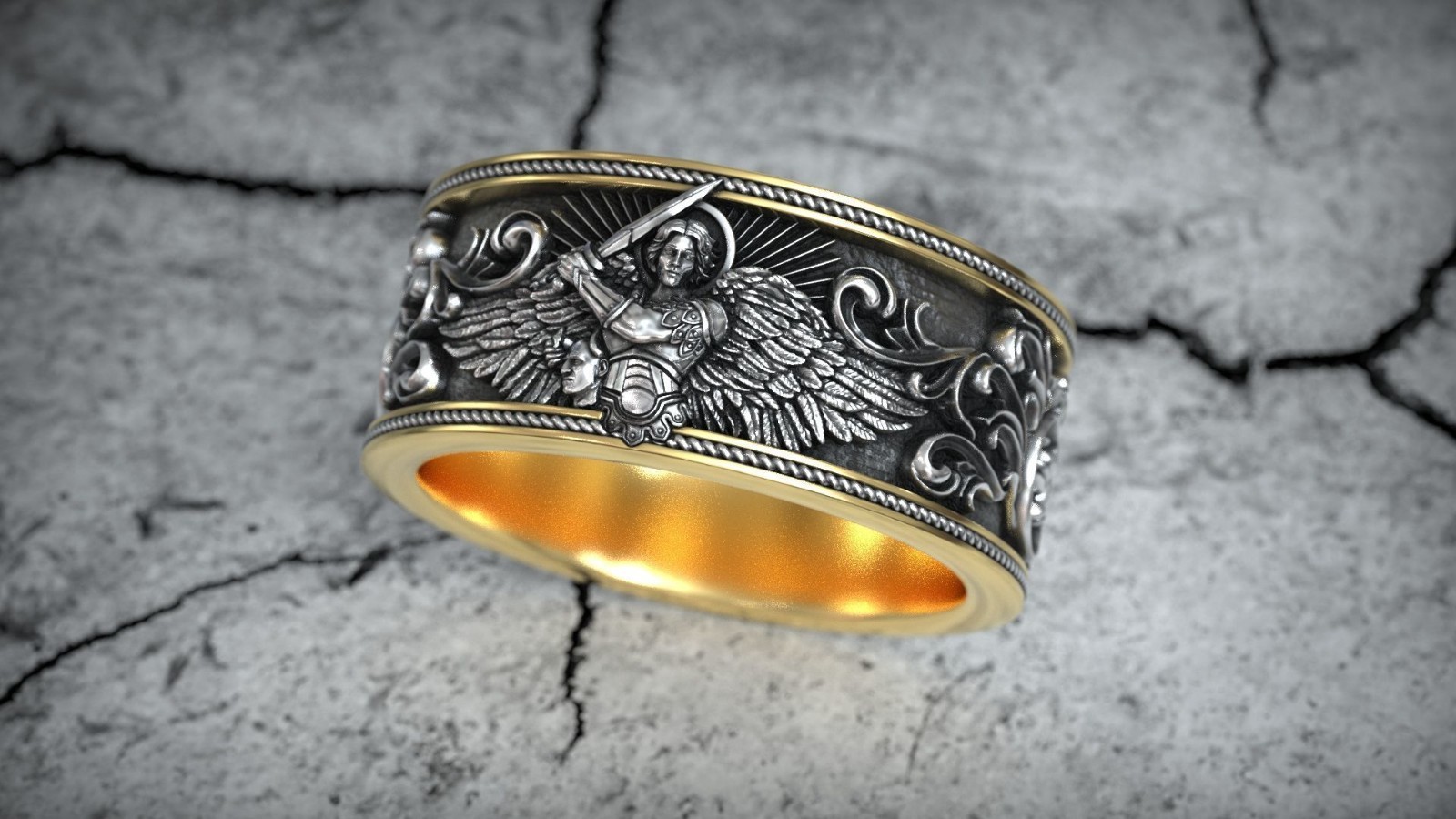 Oxidized Saint Michael Archangel With Sword & Demon Head 925 Silver Wedding Band