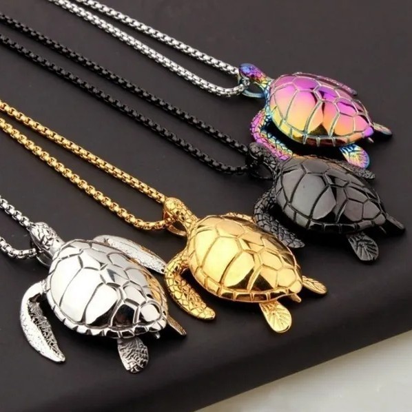 Large Sea Turtle Pendant Necklace Stainless Steel Big Jewelry Men, Womans, Beach