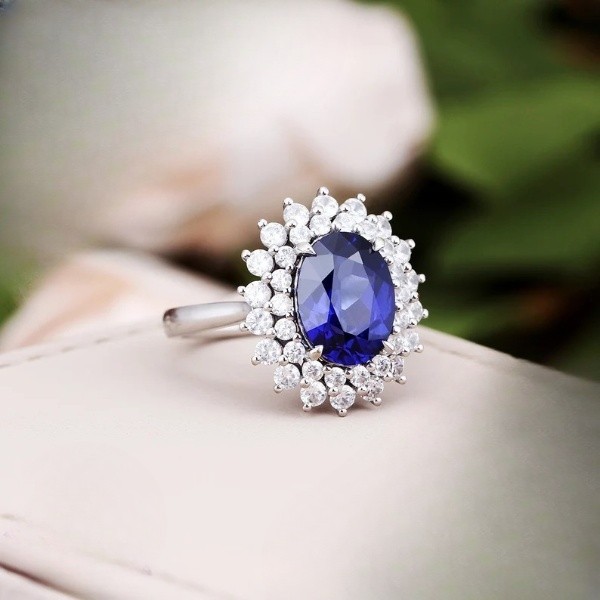 3.60 Ct Oval Natural Sapphire & Diamond Wedding Ring 14K White Gold Size 6