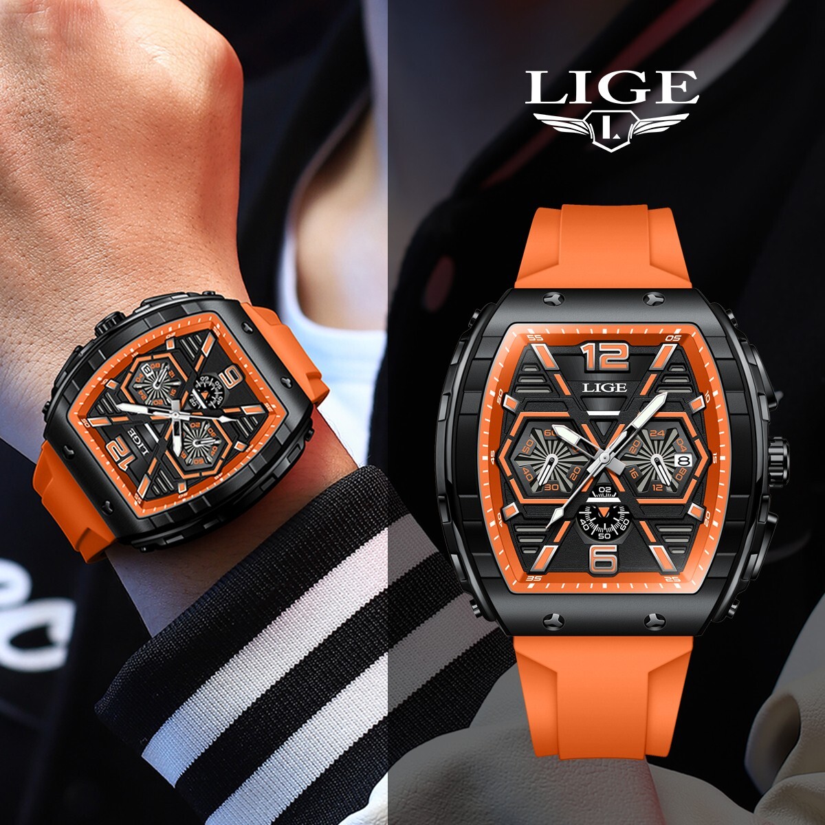 LIGE Men Watch Quartz Date Luminous Big Dial Waterproof Multifunction Wristwatch