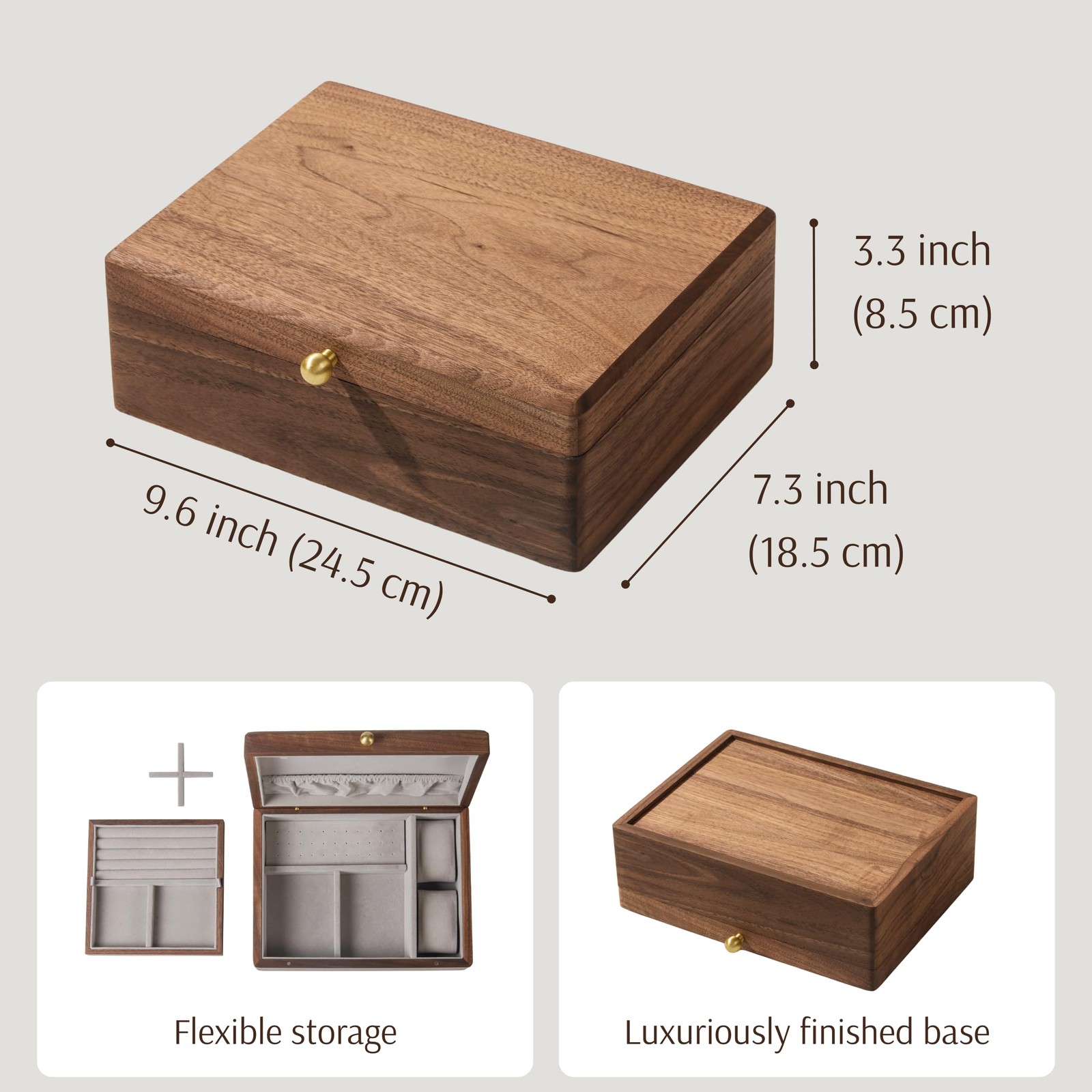 EURIELK Wooden Jewelry Box, Two Layer Medium Size Real Natural Solid Walnut Wood