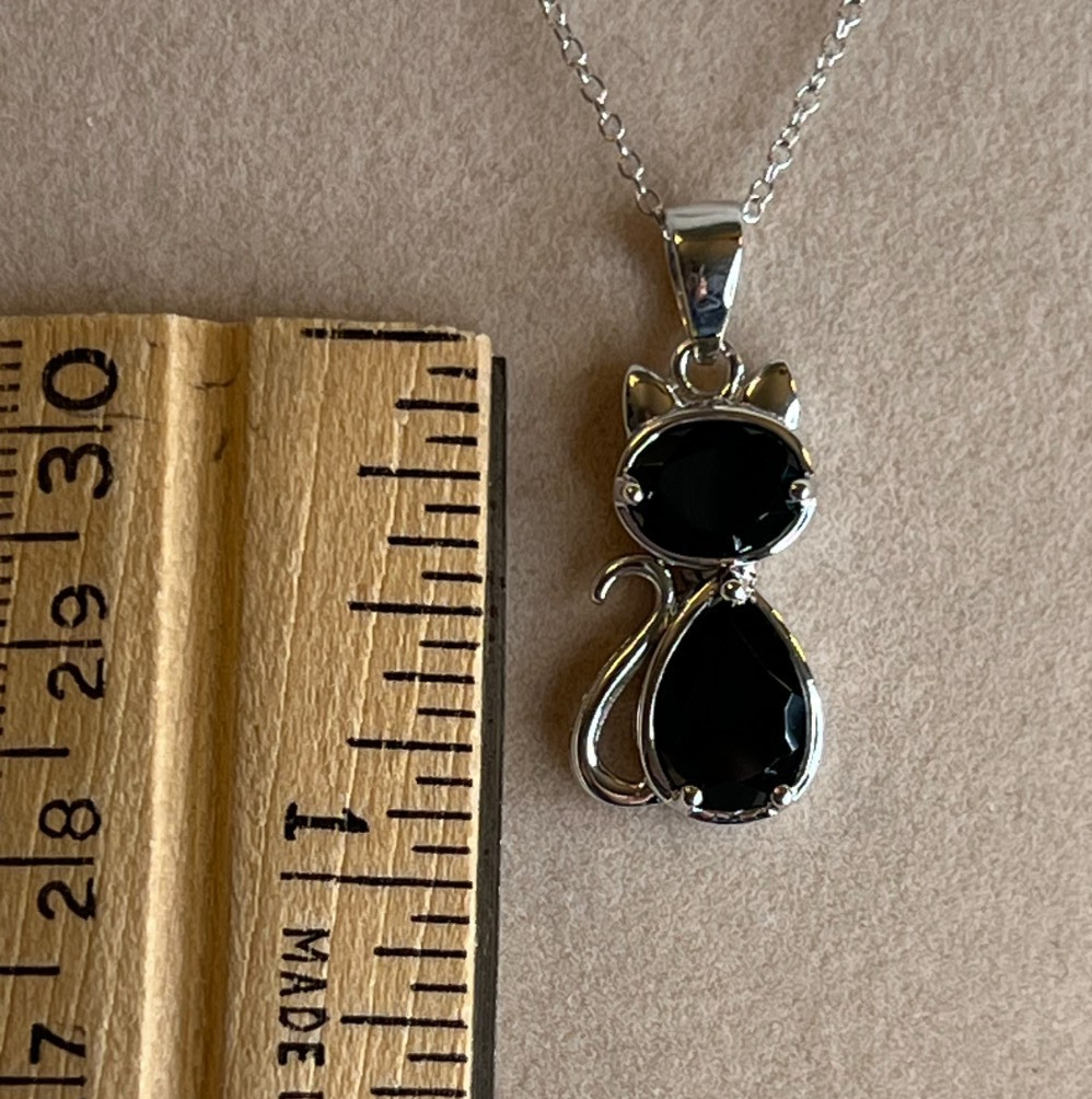3.36ctw pear shape and oval black spinel sterling silver cat pendant w chain NEW