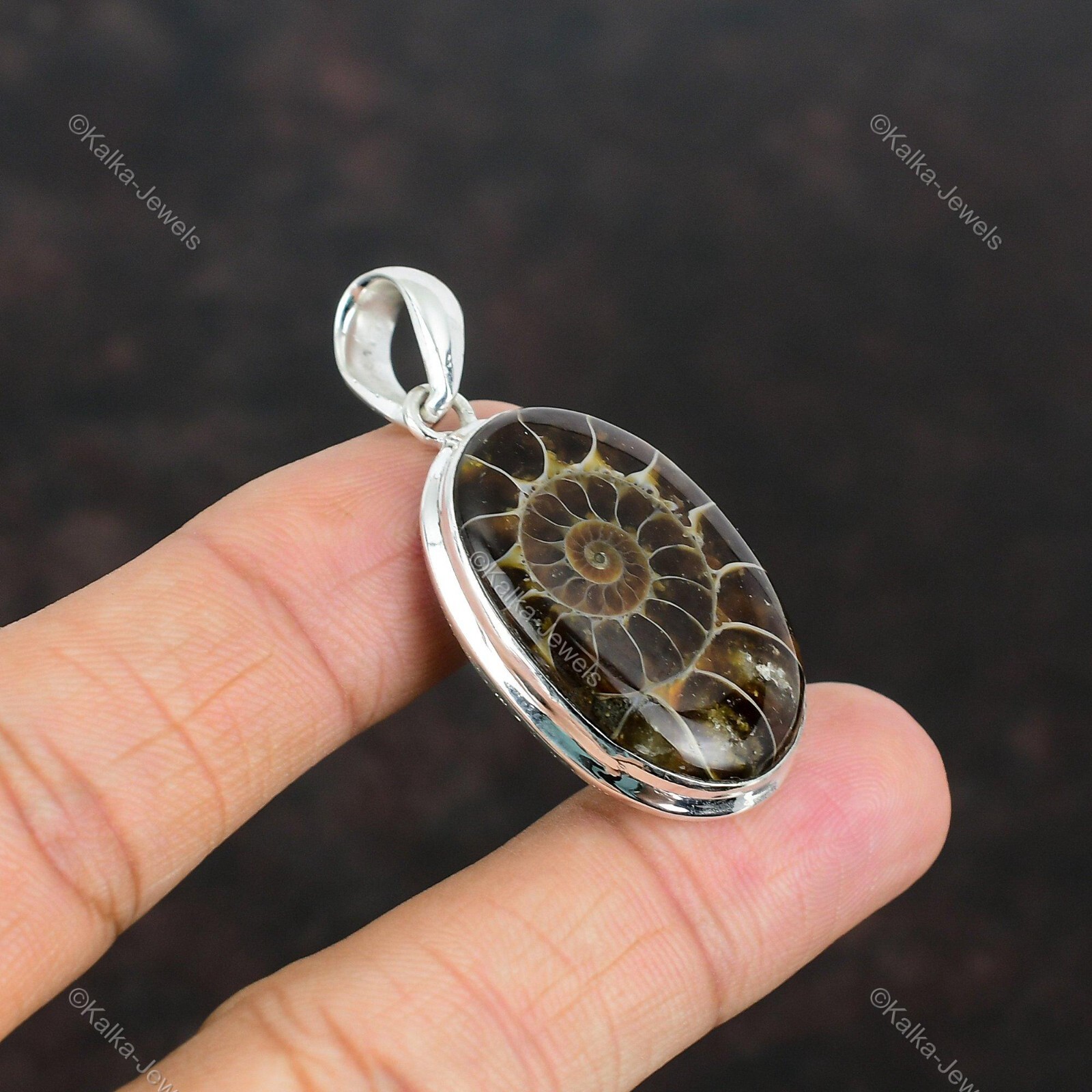 Natural Ammonite Fossil Gemstone Pendant 925 Sterling Silver Indian Jewelry
