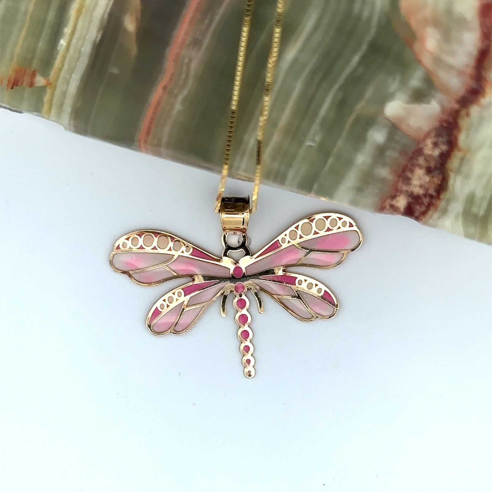 14K Solid Gold Pink Dragonfly Pendant Insect, Animal Necklace Hand-Painted Italy