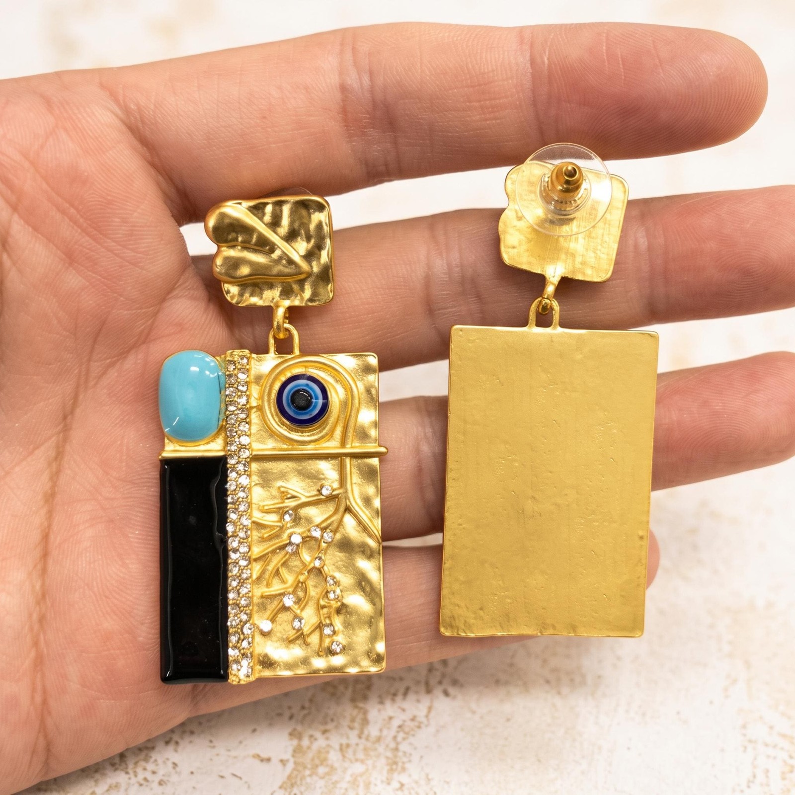 Gold Evil Eye Earrings, Schiaparelli Figural Cameo, Surrealist Geometric Relief