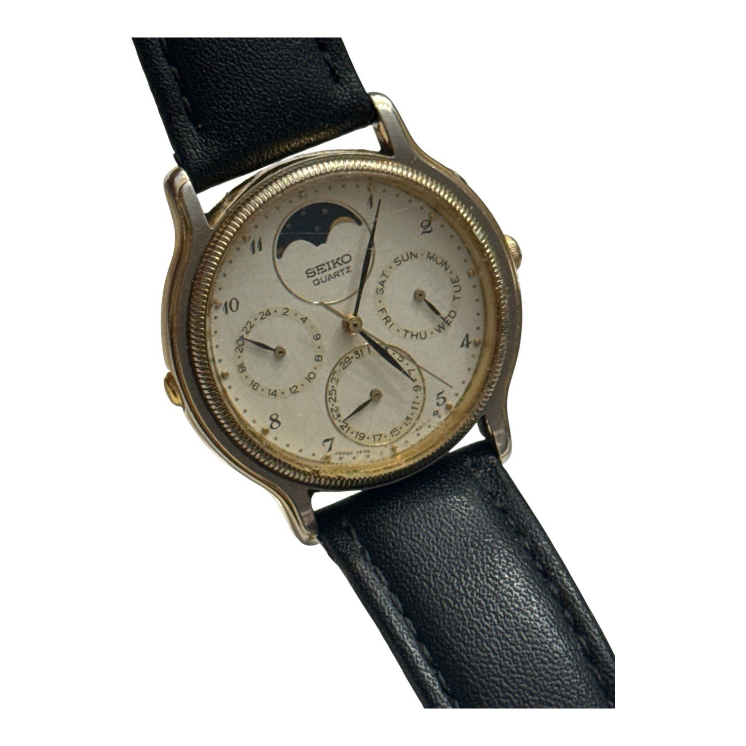 Vintage SEIKO MOON PHASE Watch 7F39-6029 Dual Time Needs battery Leather Strap