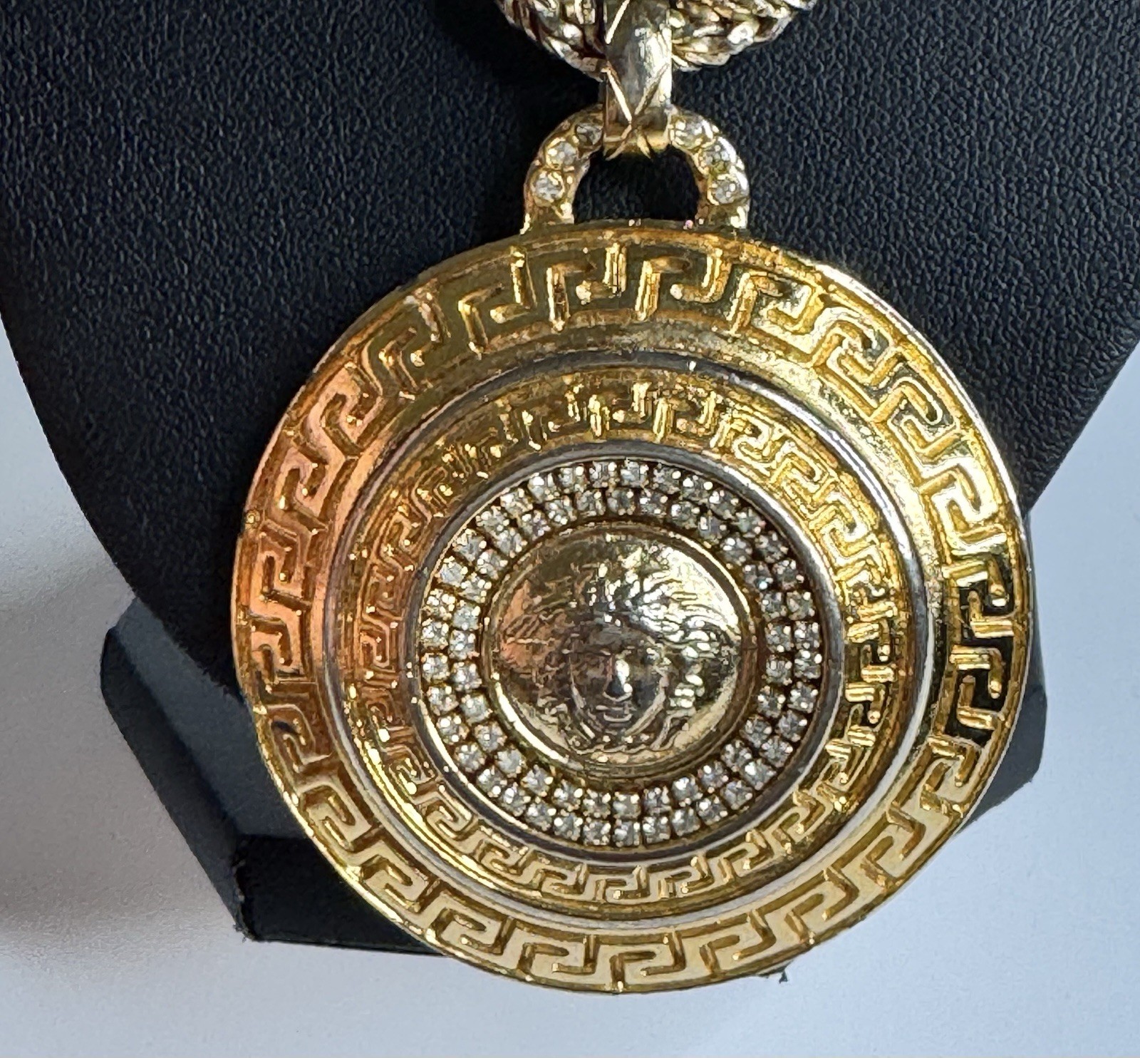 Dior Necklace and Large Pendant Versace Medusa Logo Gold Tone Rhinestones Rare