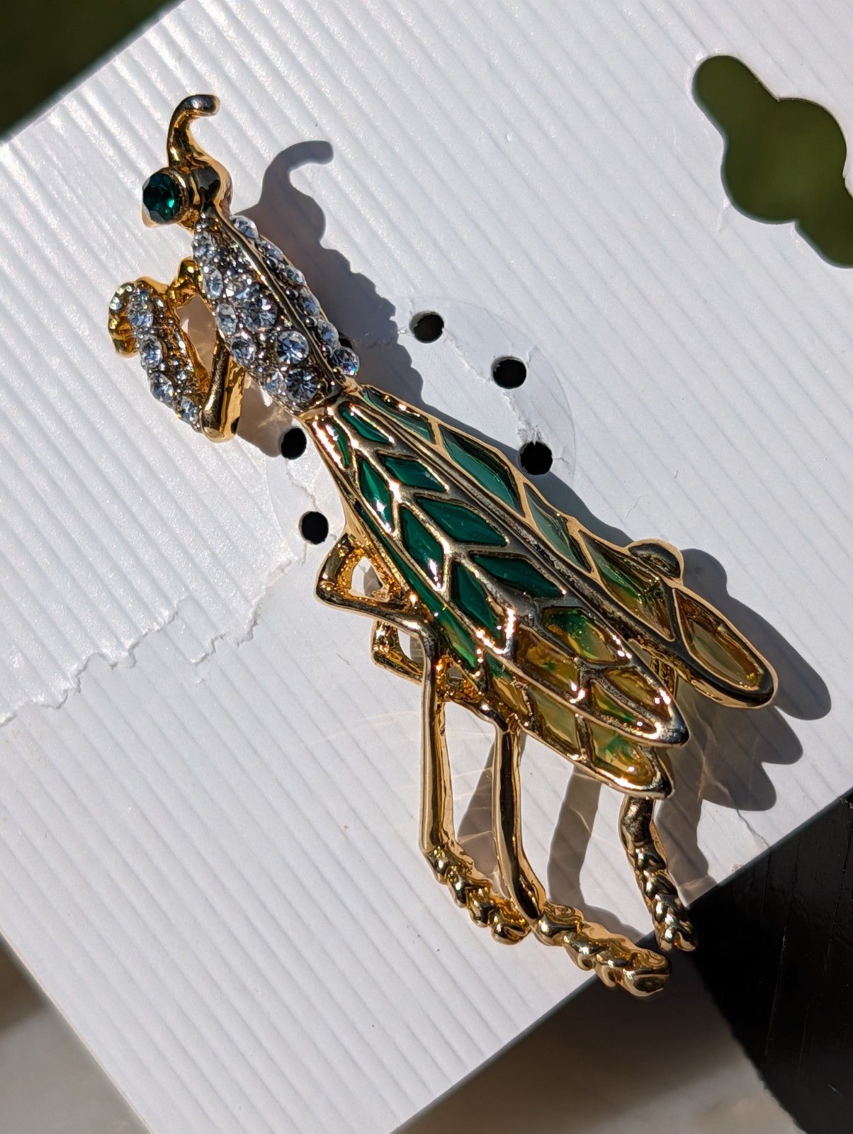 Vintage Style Enamel Praying Mantis Brooch Gold Tone Rhinestone Insect Pin