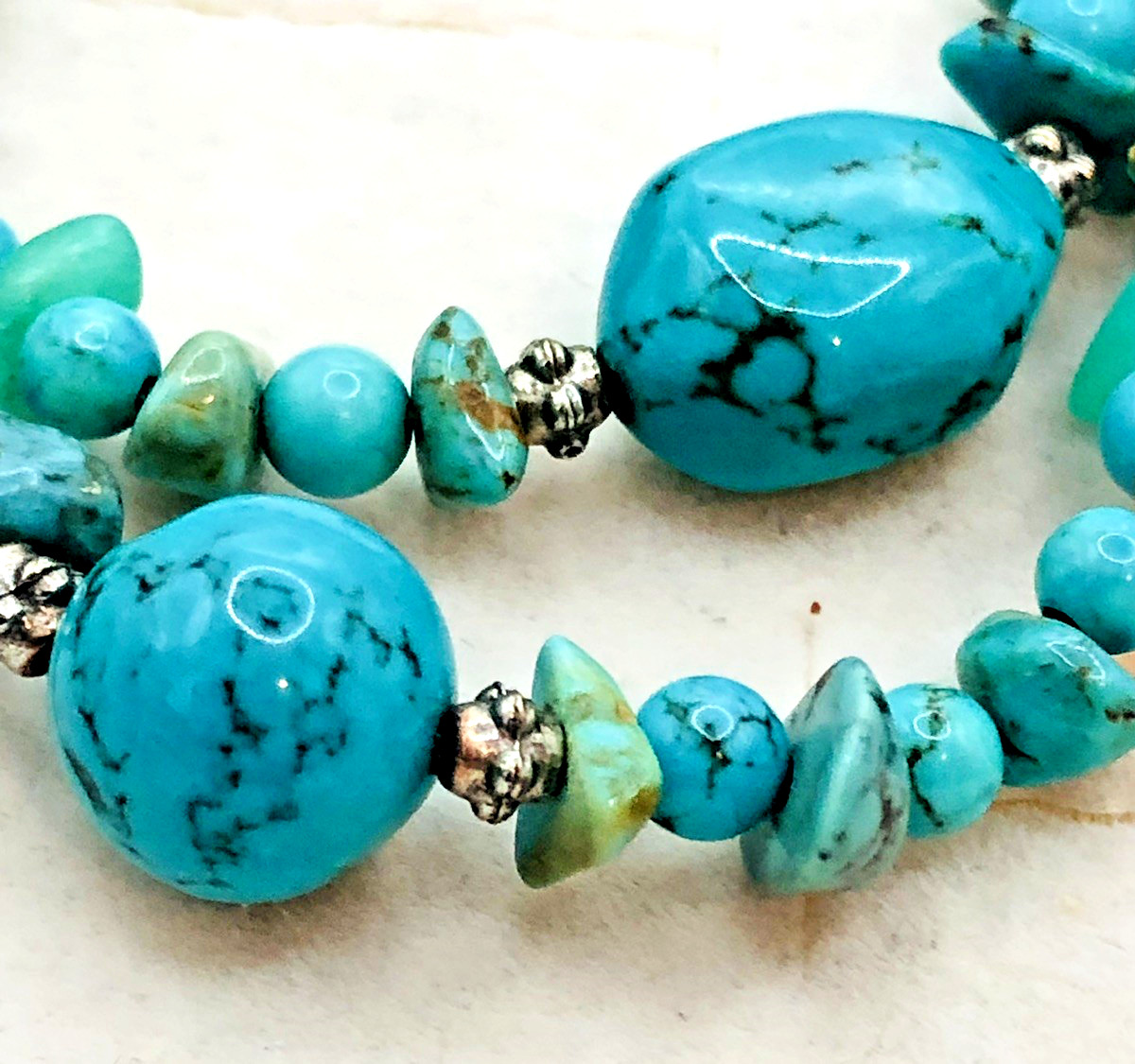 Vtg 58 Inch Beaded Tassel Lariat Necklace Sterling, Turquoise , Chrysoprase etc.