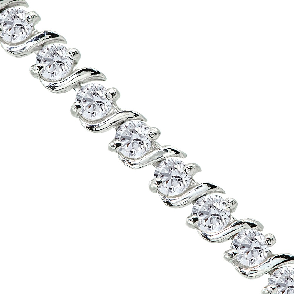 925 Silver Polished Created White Sapphire S Design Bar Classic Tennis Bracelet