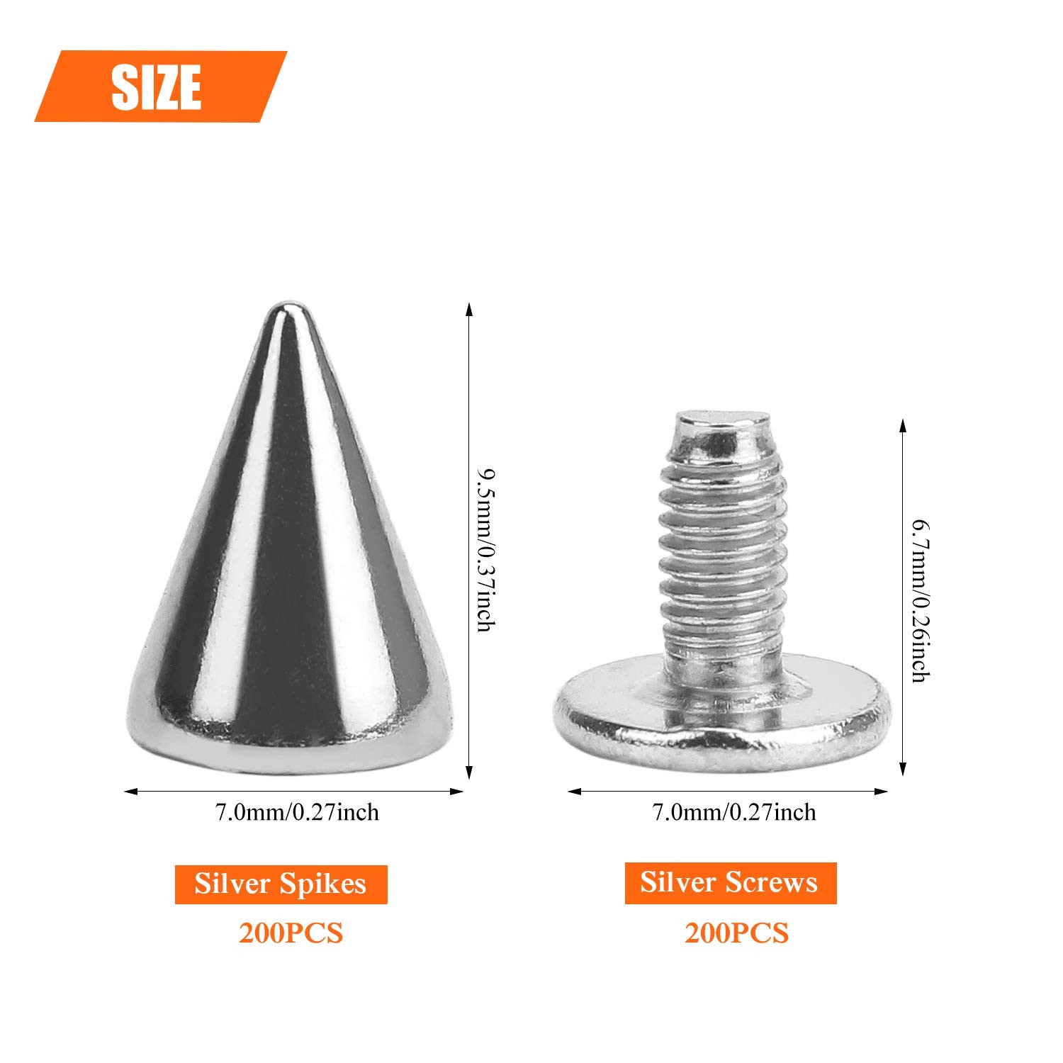 HELIFOUNER 200 Pieces 7mm x 9.5mm Silver Bullet Cone Spikes and Screw Back Studs
