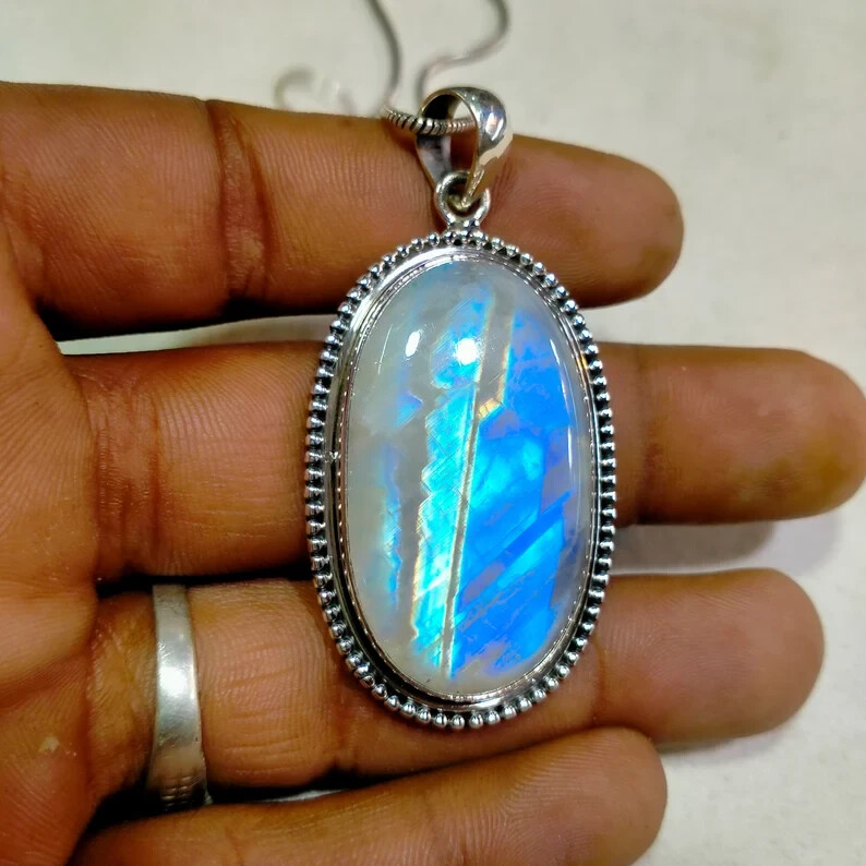 Fine Rainbow Moonstone Gemstone 925 Sterling Silver Handmade Pendant A-76