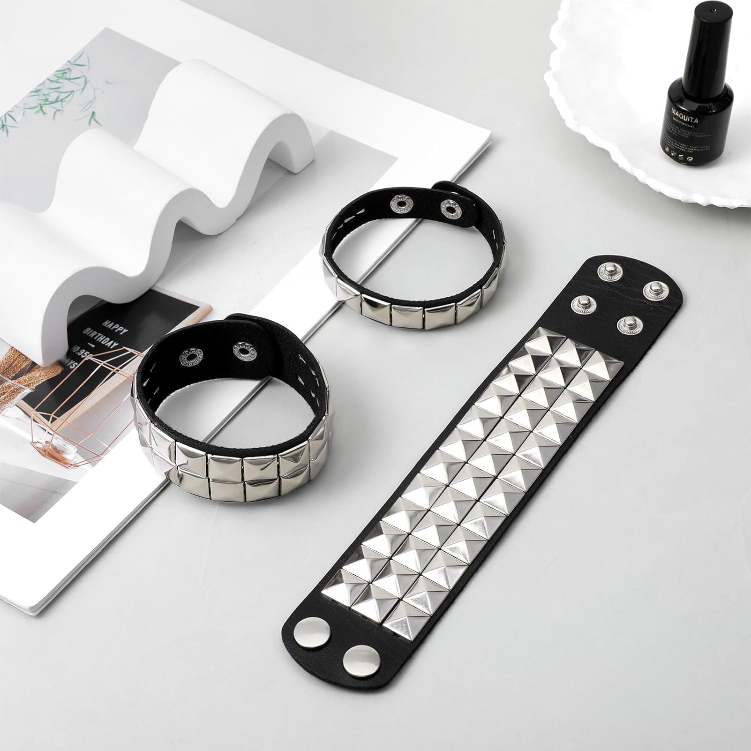 3PCS Studded Bracelet, Leather Bracelet for Men Women, Goth Studded Arm Band