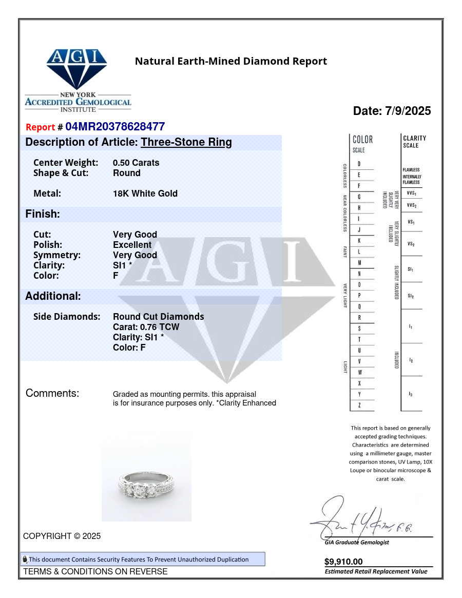 Three Stone Engagement Ring 18K Gold Vintage 1.26 CT Round Natural Diamond F SI1