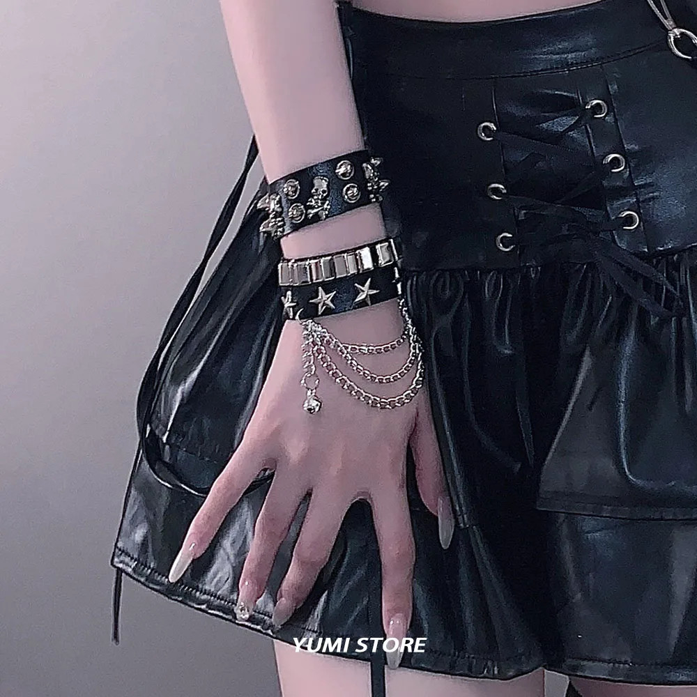 Punk Rivet Star PU Leather Bracelet for Women Men Hip Hop Gothic Dark Girl Rock