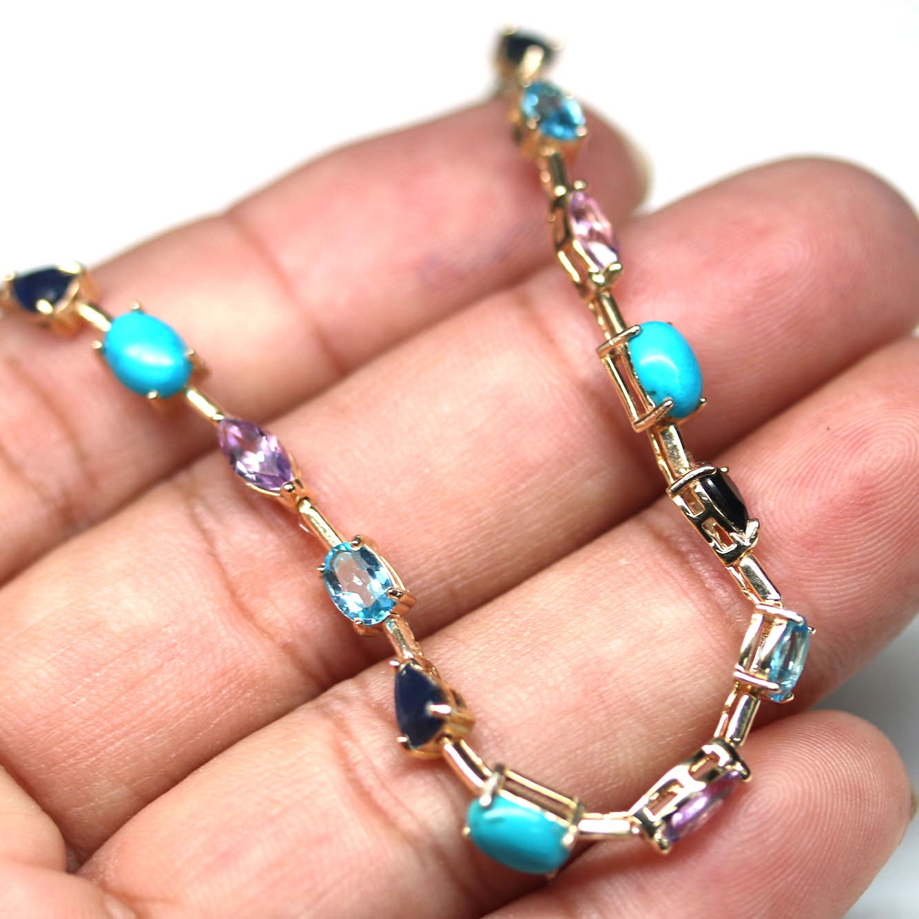 Natural Blue Turquoise Topaz Amethyst Sapphire Necklace 15 in Handmade