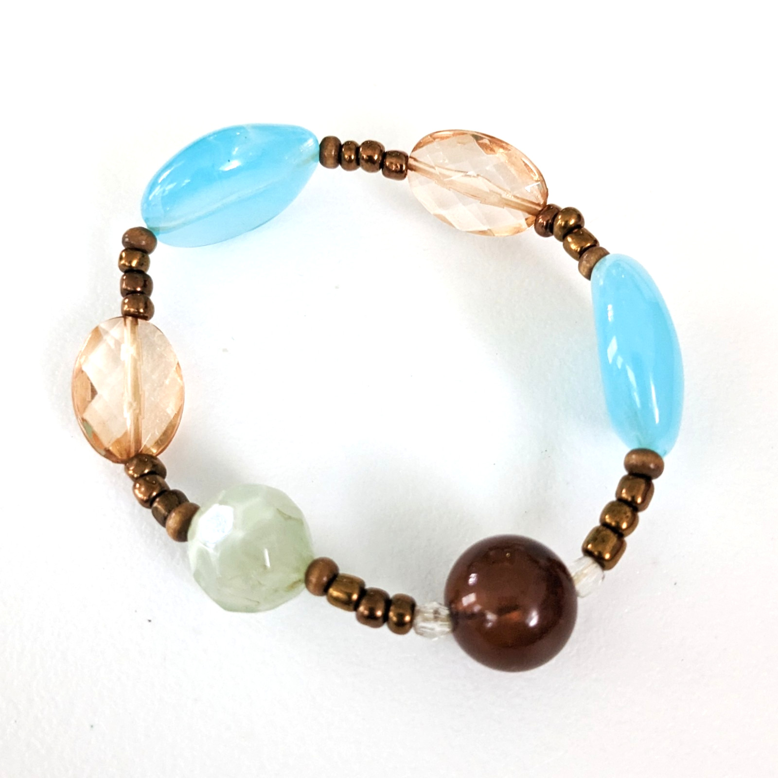 Stretch bracelet seed beads bronzey peach and blue size small
