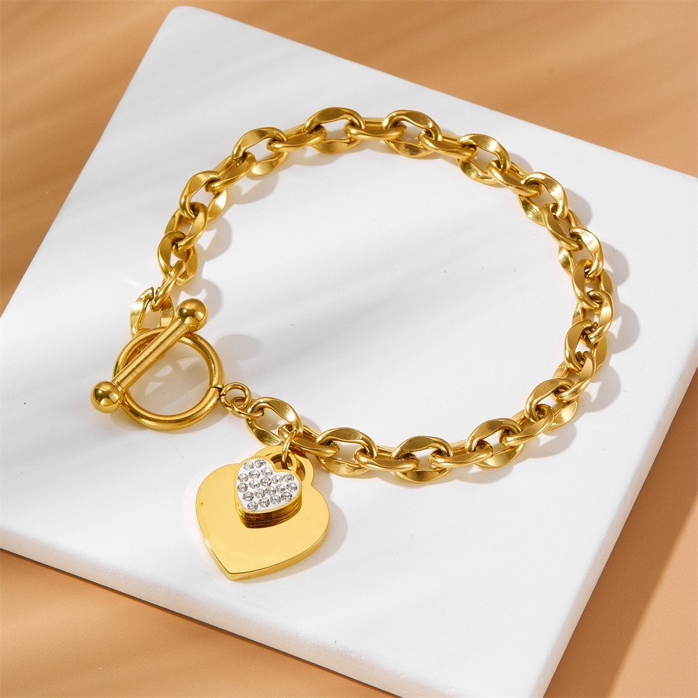 Women’s Heart Inlay Rhinestone Pendant Bracelet OT Buckle Titanium Steel Bracele