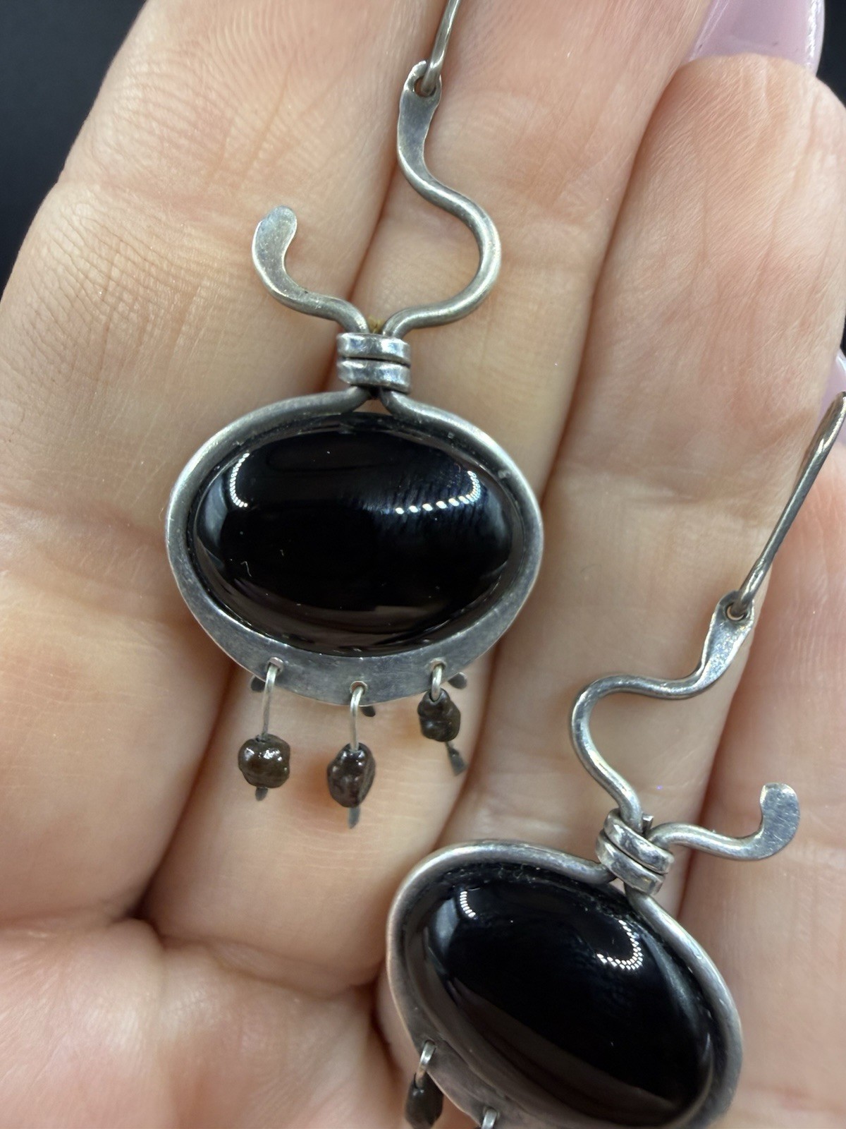 Black Onyx Dangle Ellipse Cabochon Silver Drop Earrings