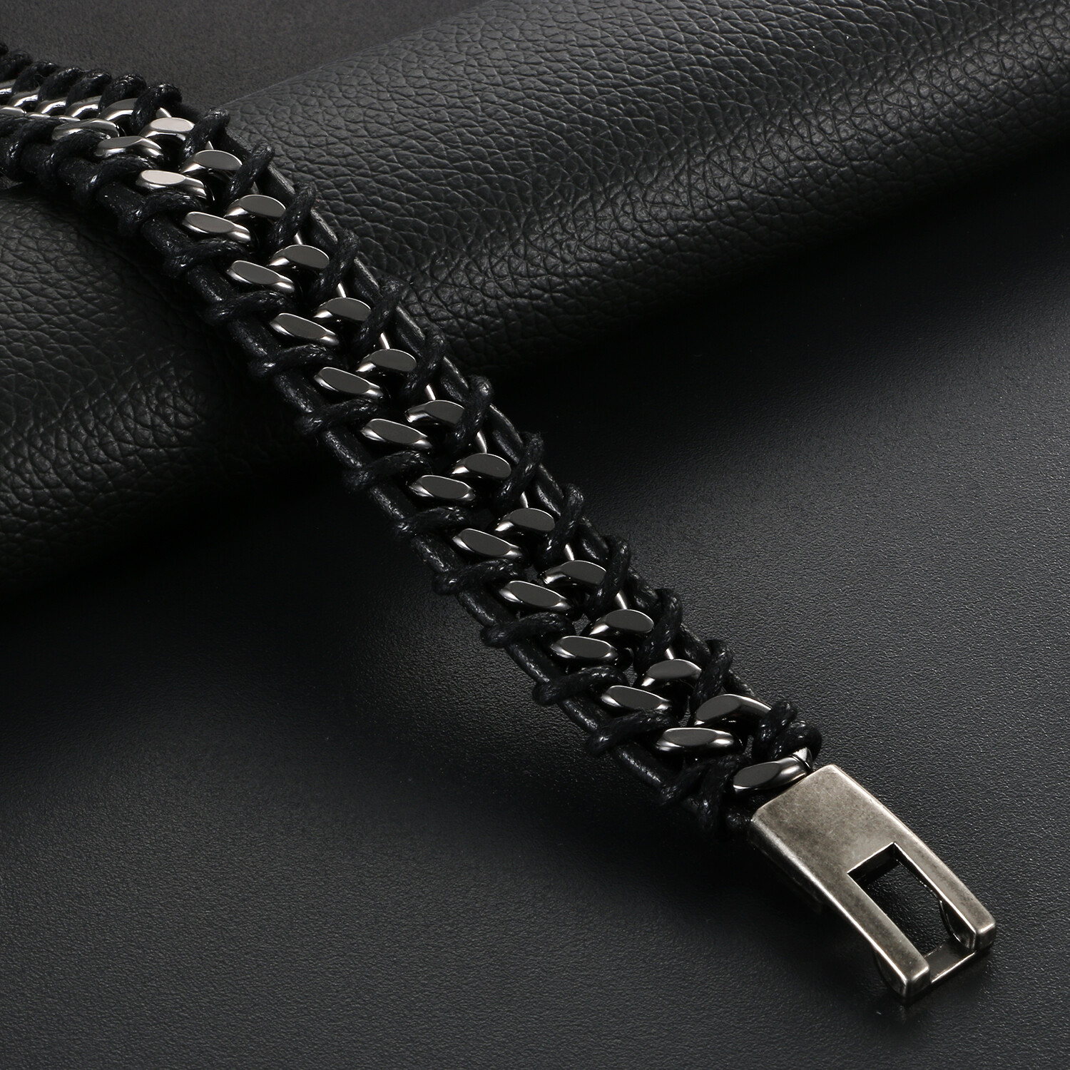 Black Braided Leather Silver Stainless Steel Cuban Chain Men’s Bracelet Bangle