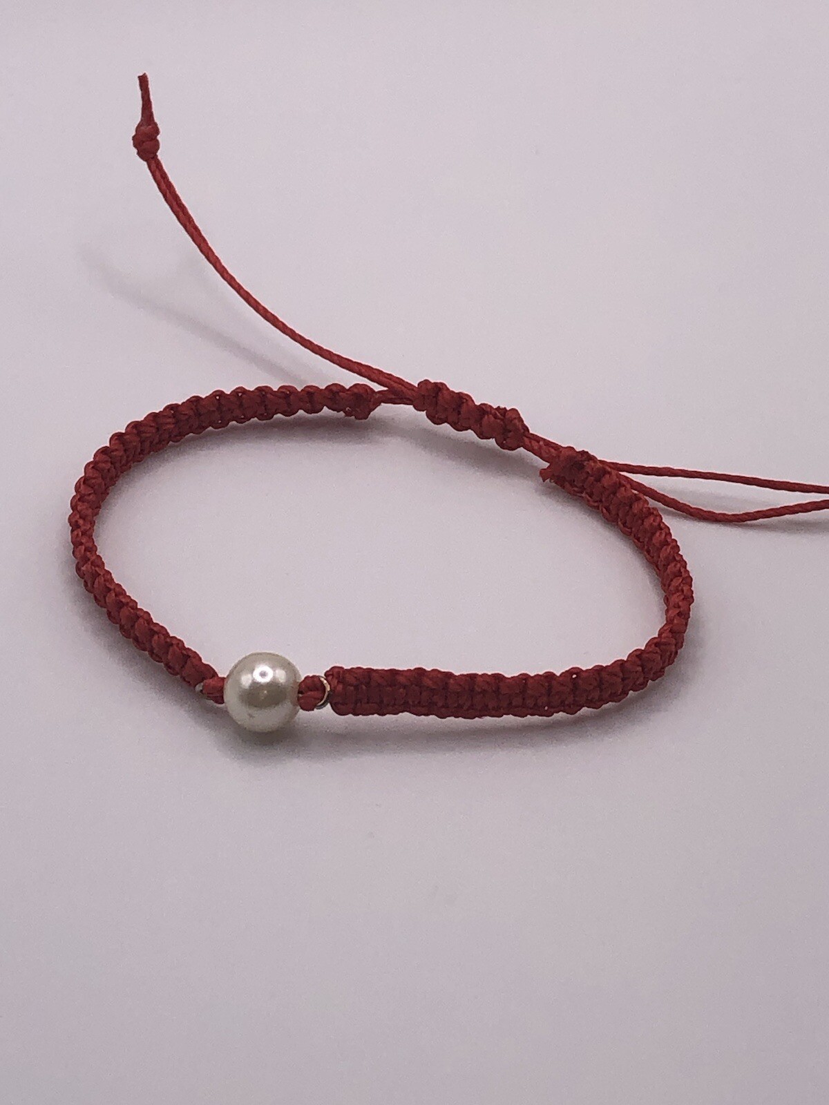 Handmade Red Macrame Square Knot Adjustable Bracelet with Pearl-like Connector