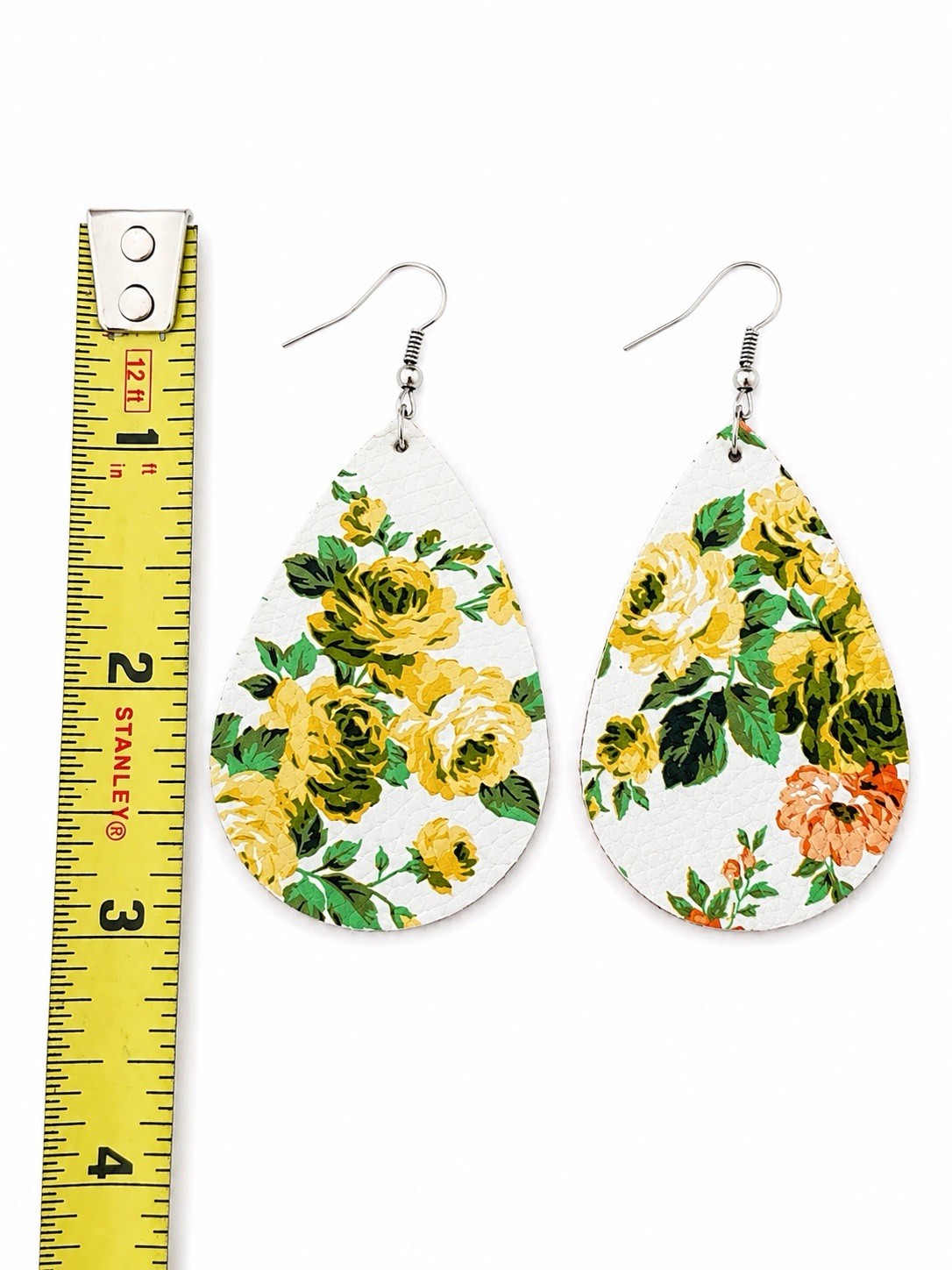 Floral Teardrop Faux Leather Earrings Yellow Rose Print Gift Box Included