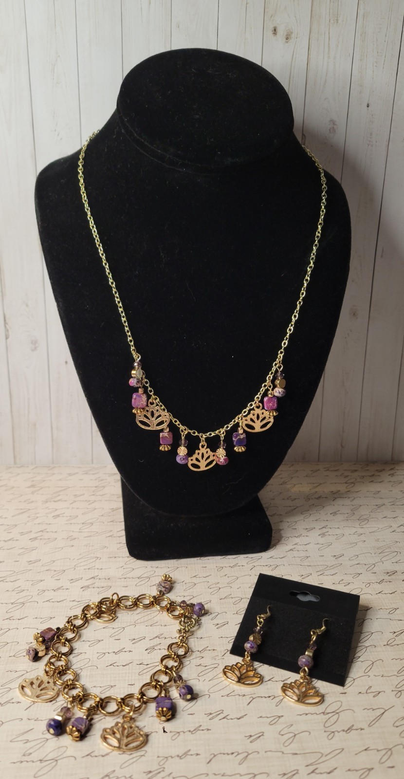 3-Piece Set with Purple Imperial Jasper, Glass, Gold Plated Charms and Findings